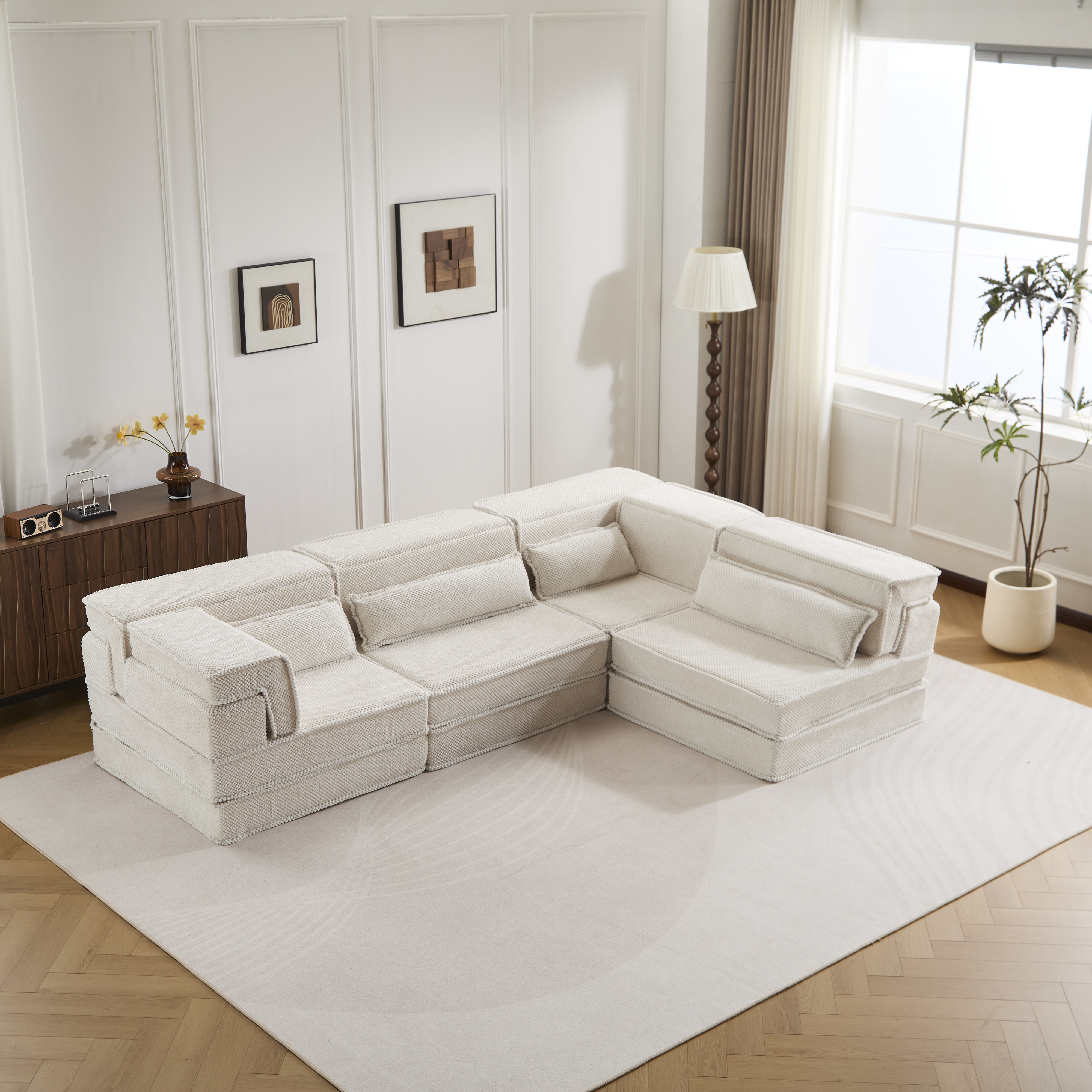Sofa mahjong convertible, sectionnel modulaire, tissu polaire blanc, 4 places