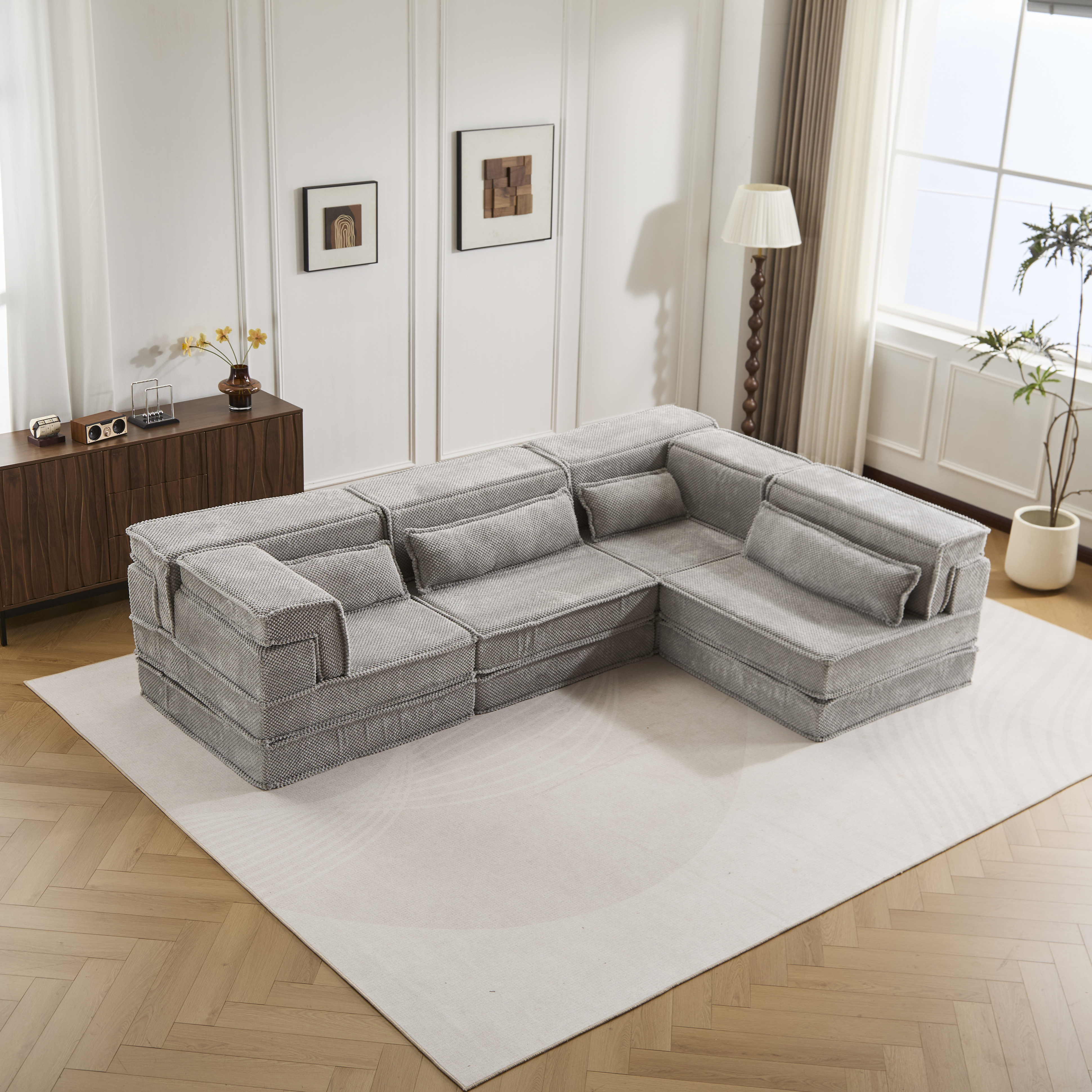 Sofa compression convertible 4 places sans assemblage gris clair 4 oreillers