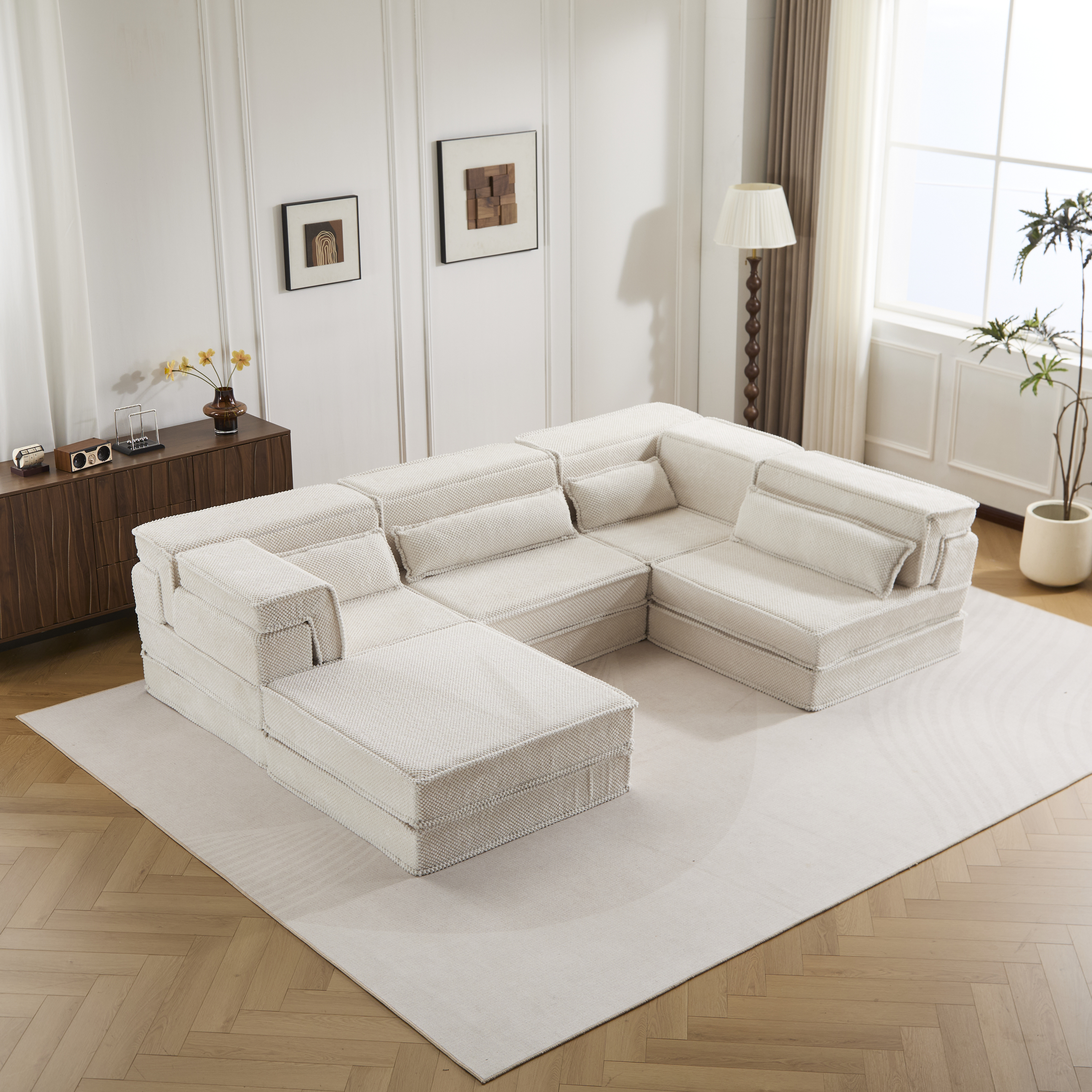 Canapé Mahjong convertible, pierre sintrée, tissu fleece blanc