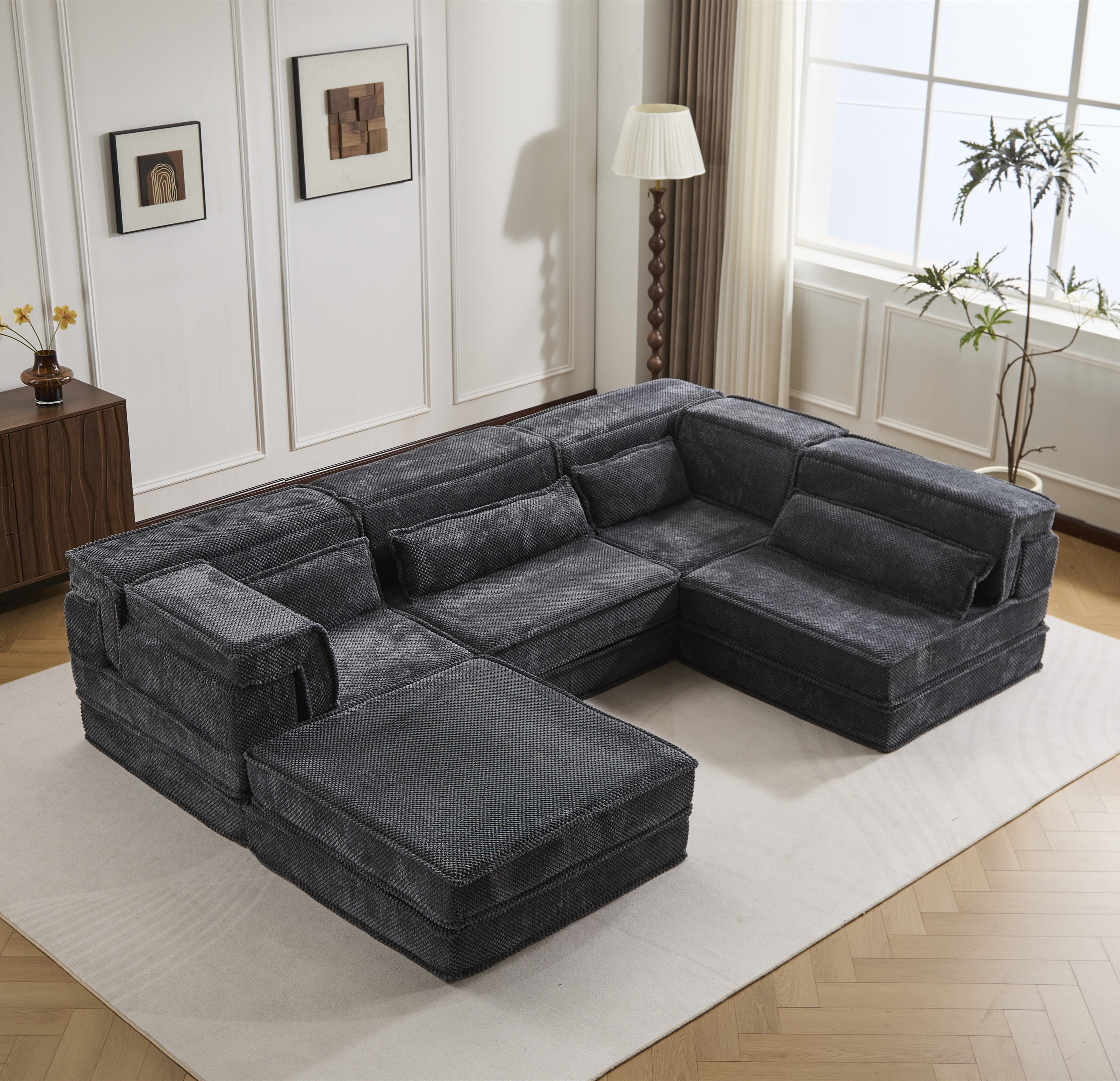 Divan Mahjong compression, convertible modulaire, gris foncé 4 places