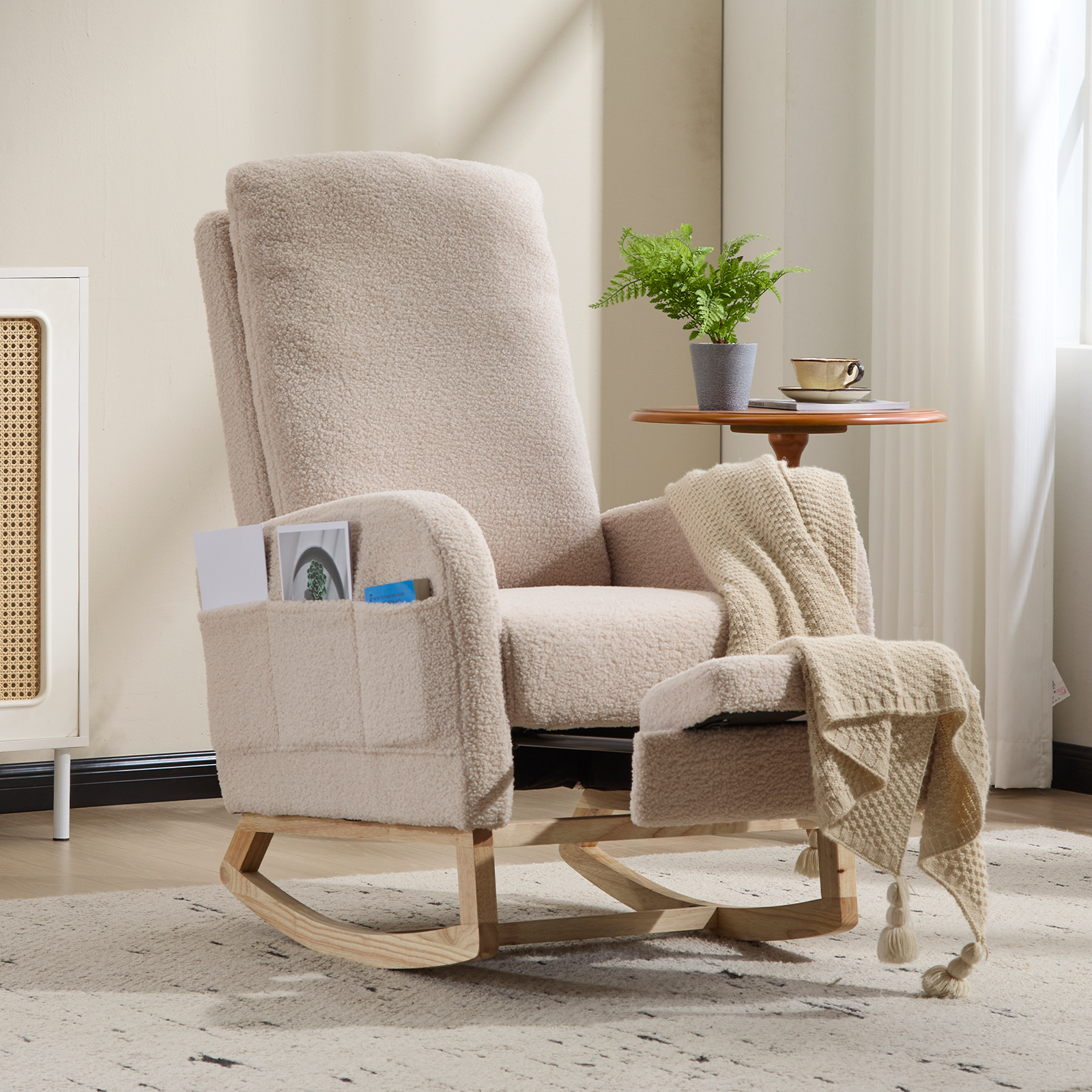 Chaise berçante accent moderne bois beige teddy