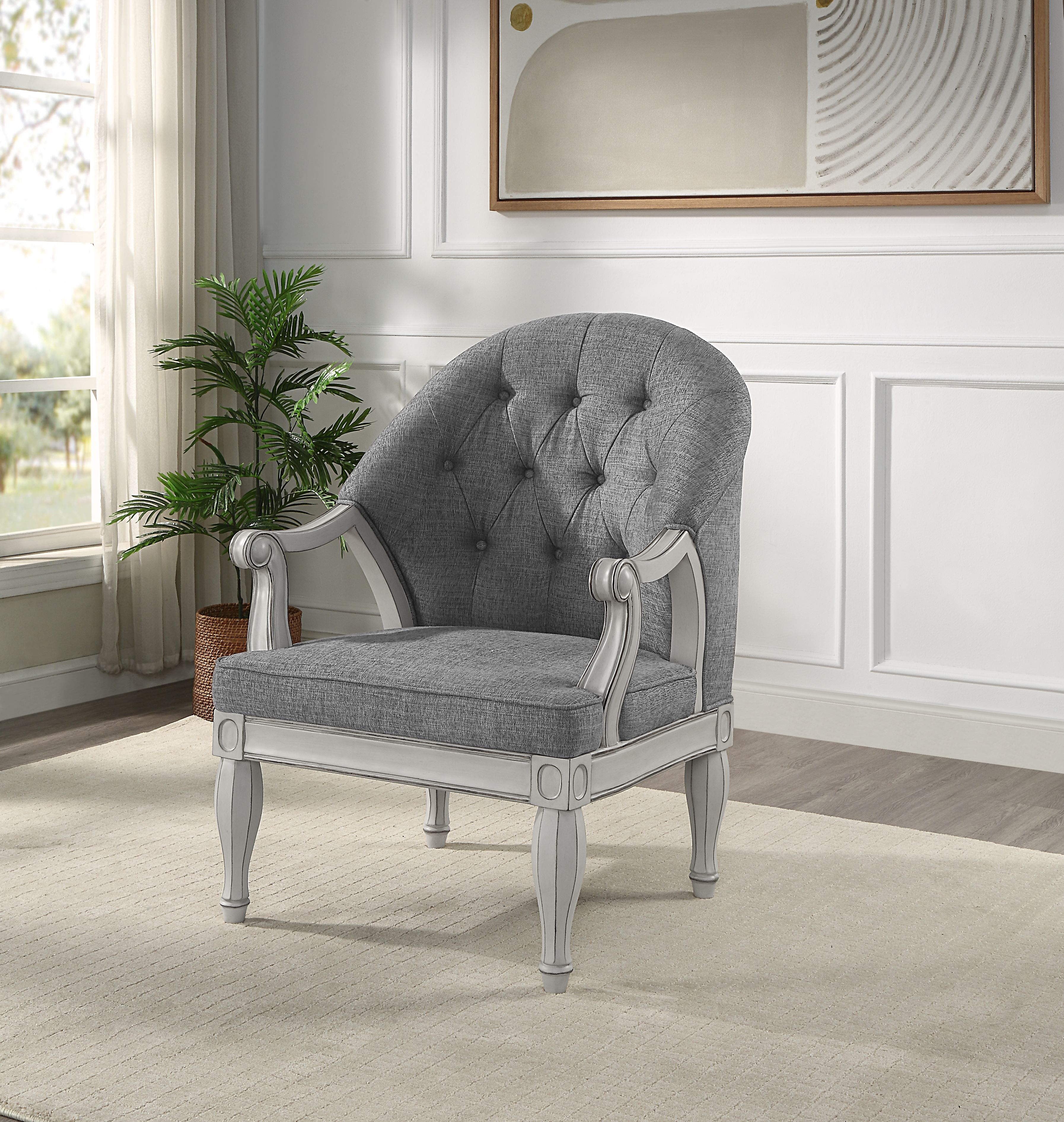 Fauteuil Florian gris tissu, blanc antique
