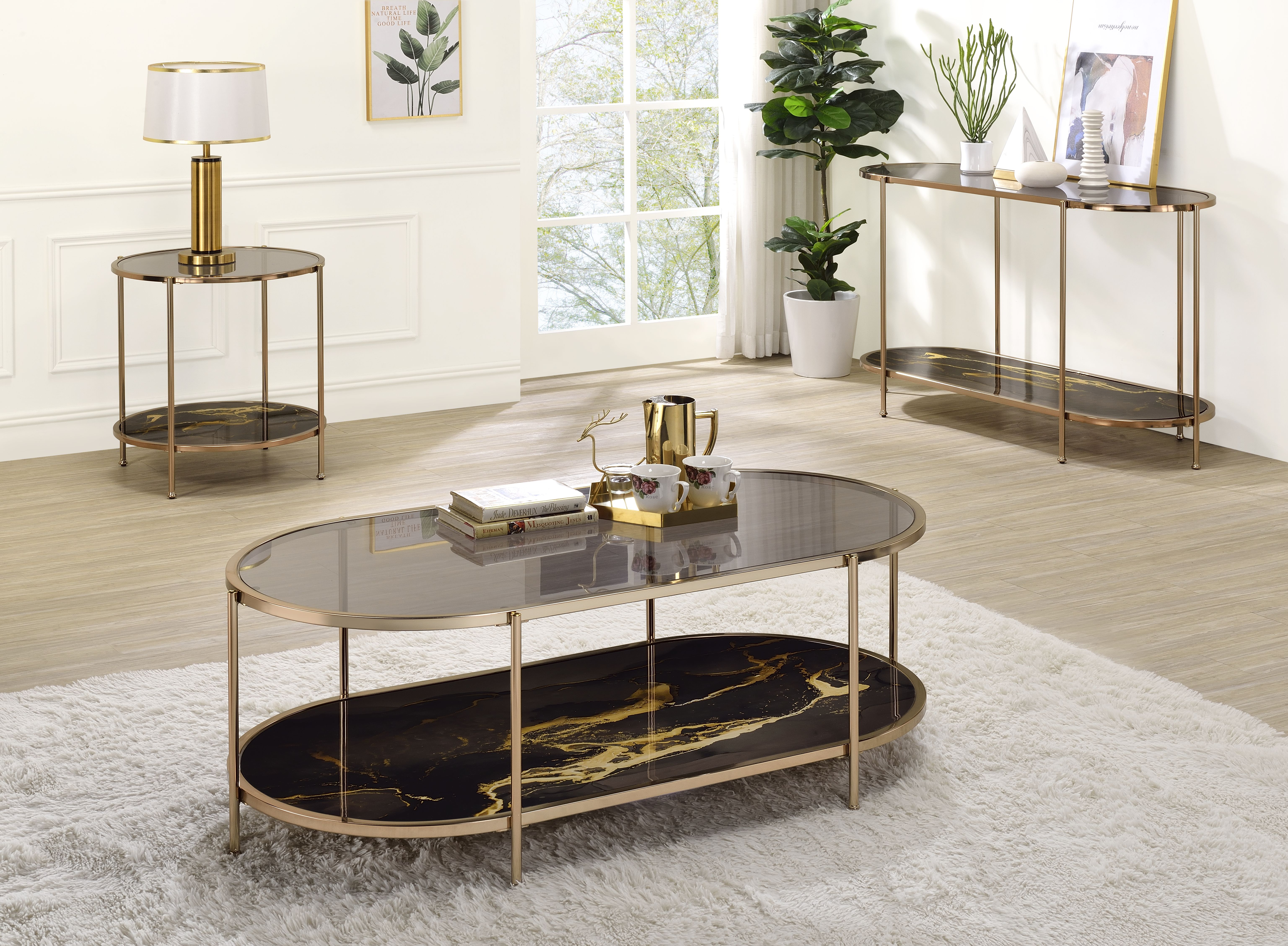 Table basse marbre noir verre champagne