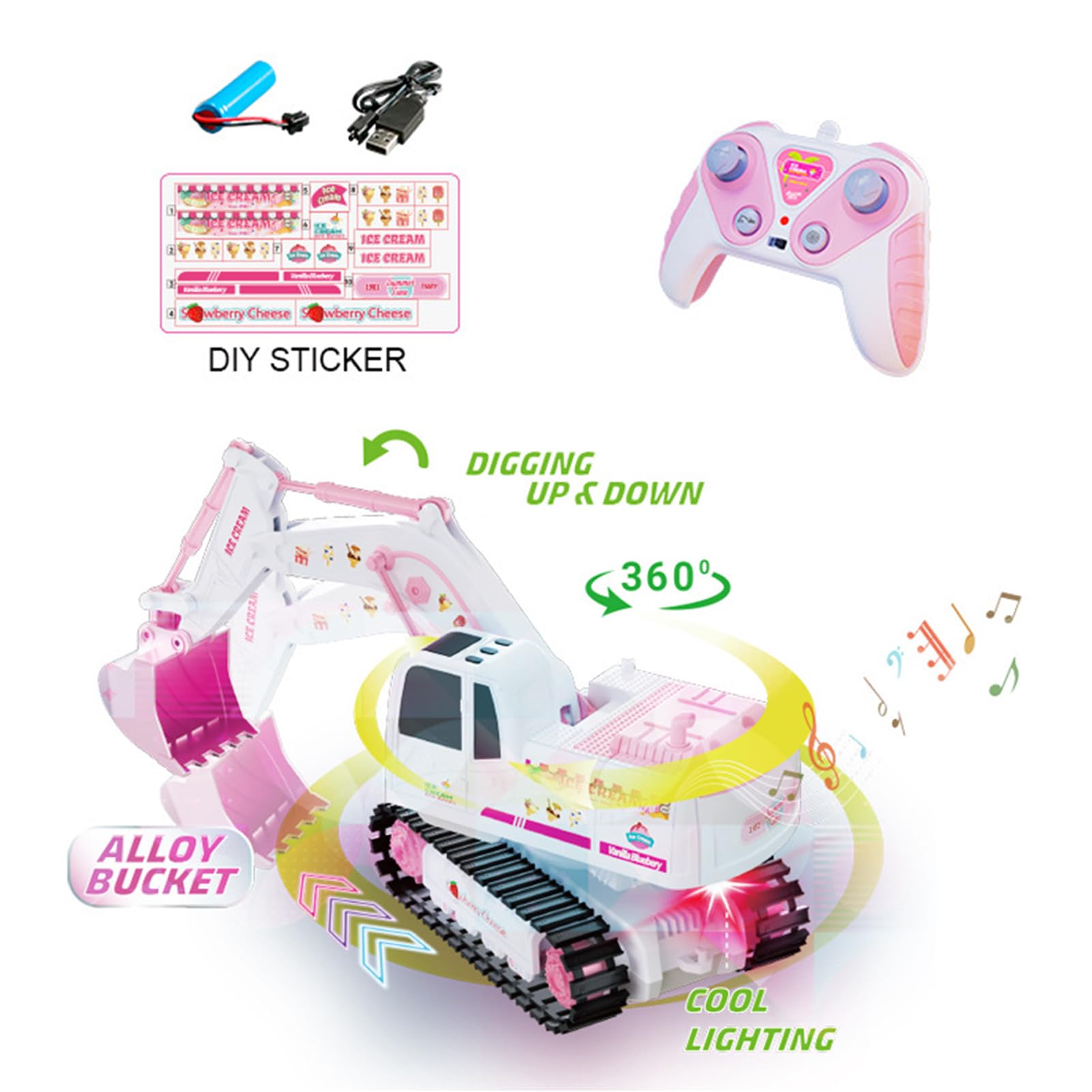 Excavatrice RC jouet rose rechargeable musique lumières