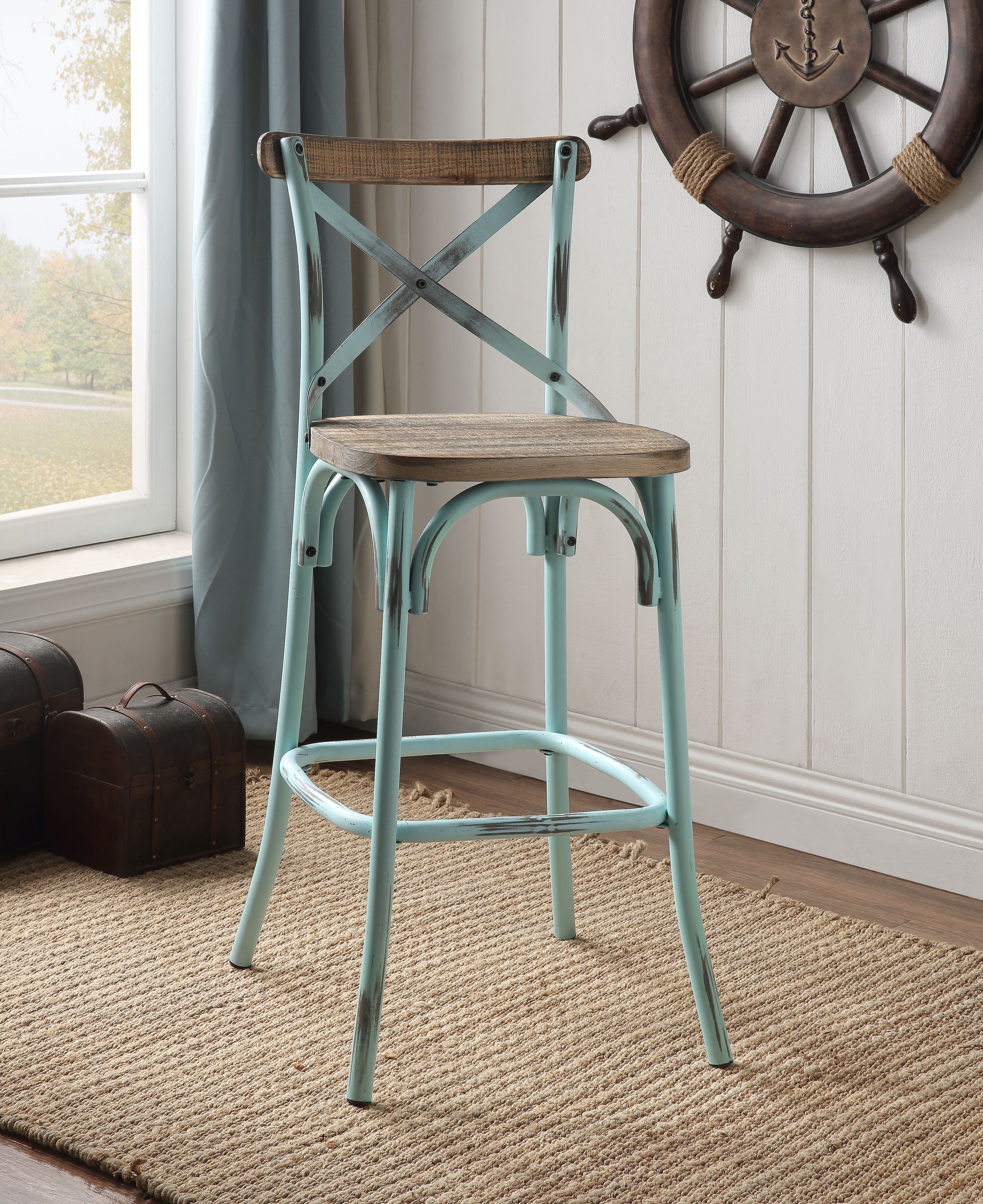 Chaise de bar Zaire fini noyer antique et turquoise
