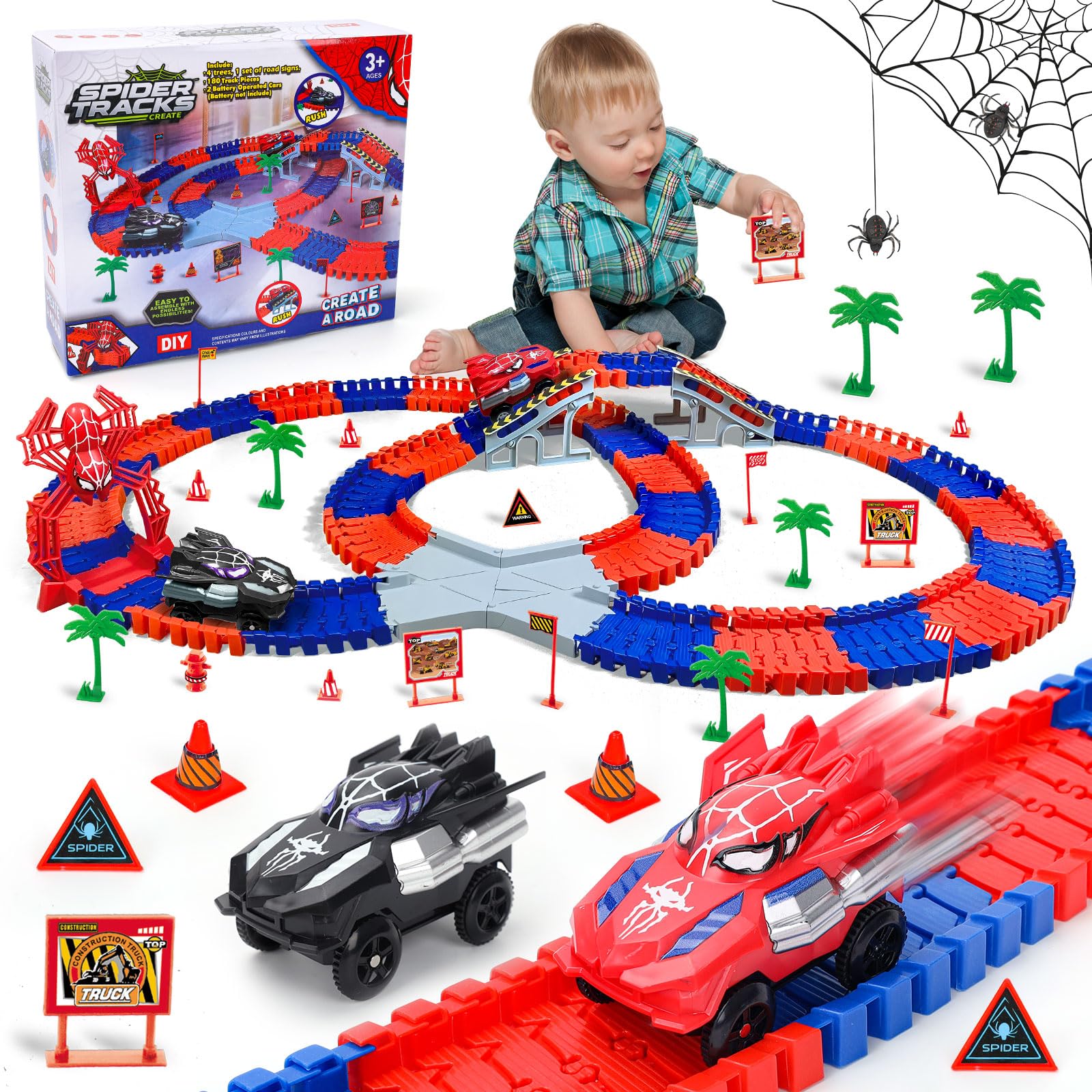 Ensemble piste jouet araignée auto noir rouge flexible