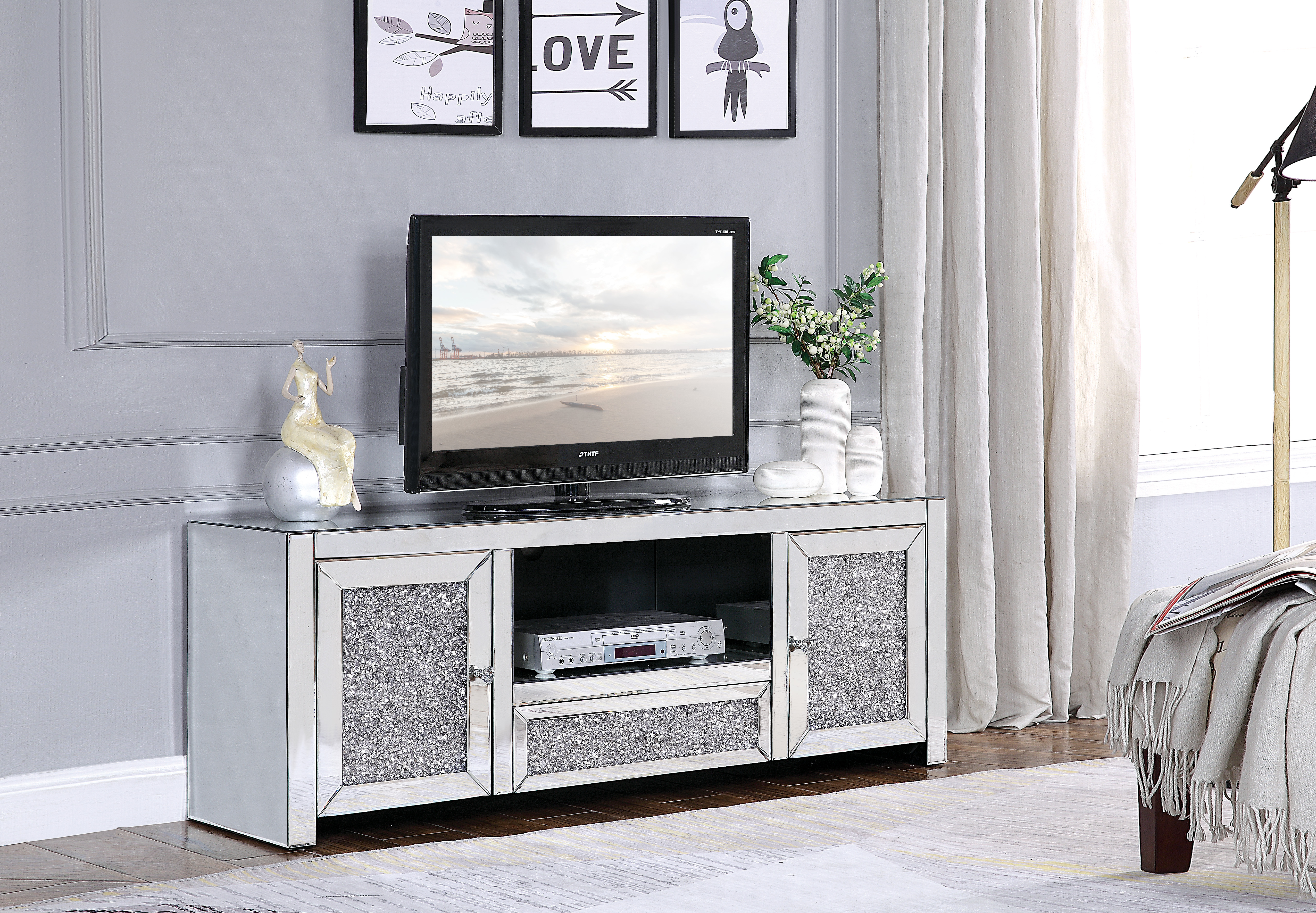 Meuble TV Noralie miroir diamants faux, assemblé