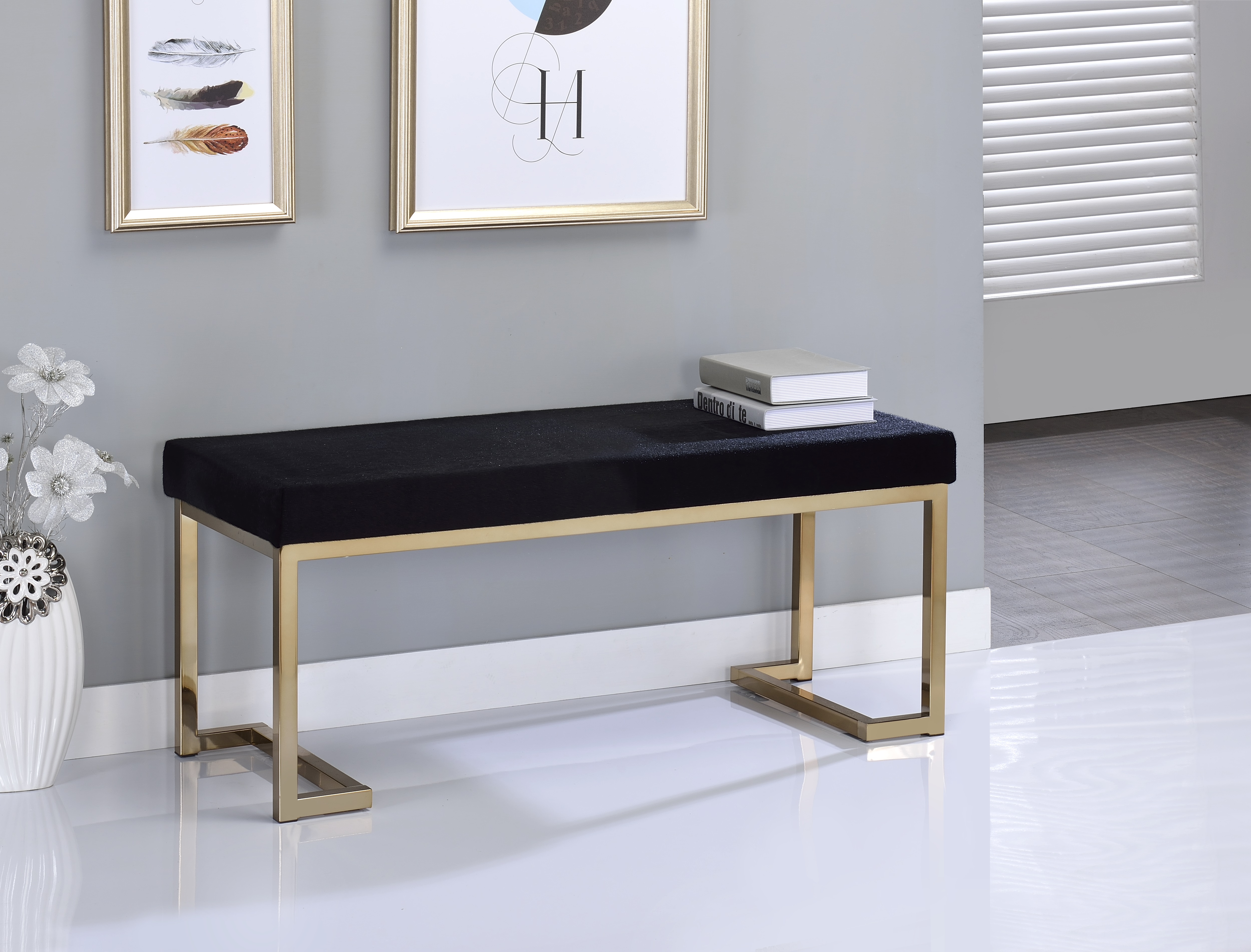 Banc Boice tissu noir, finition champagne