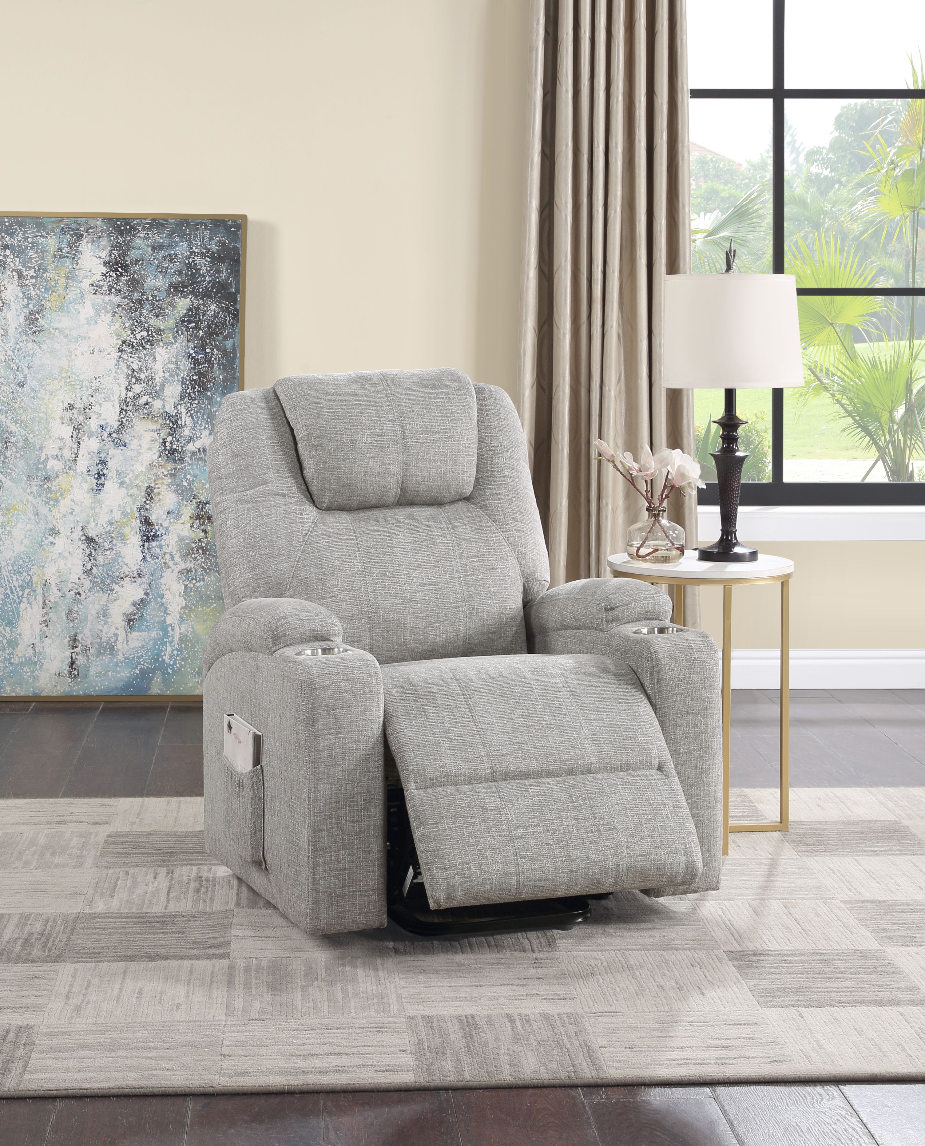 Fauteuil inclinable gris chenille, massage, levée électrique