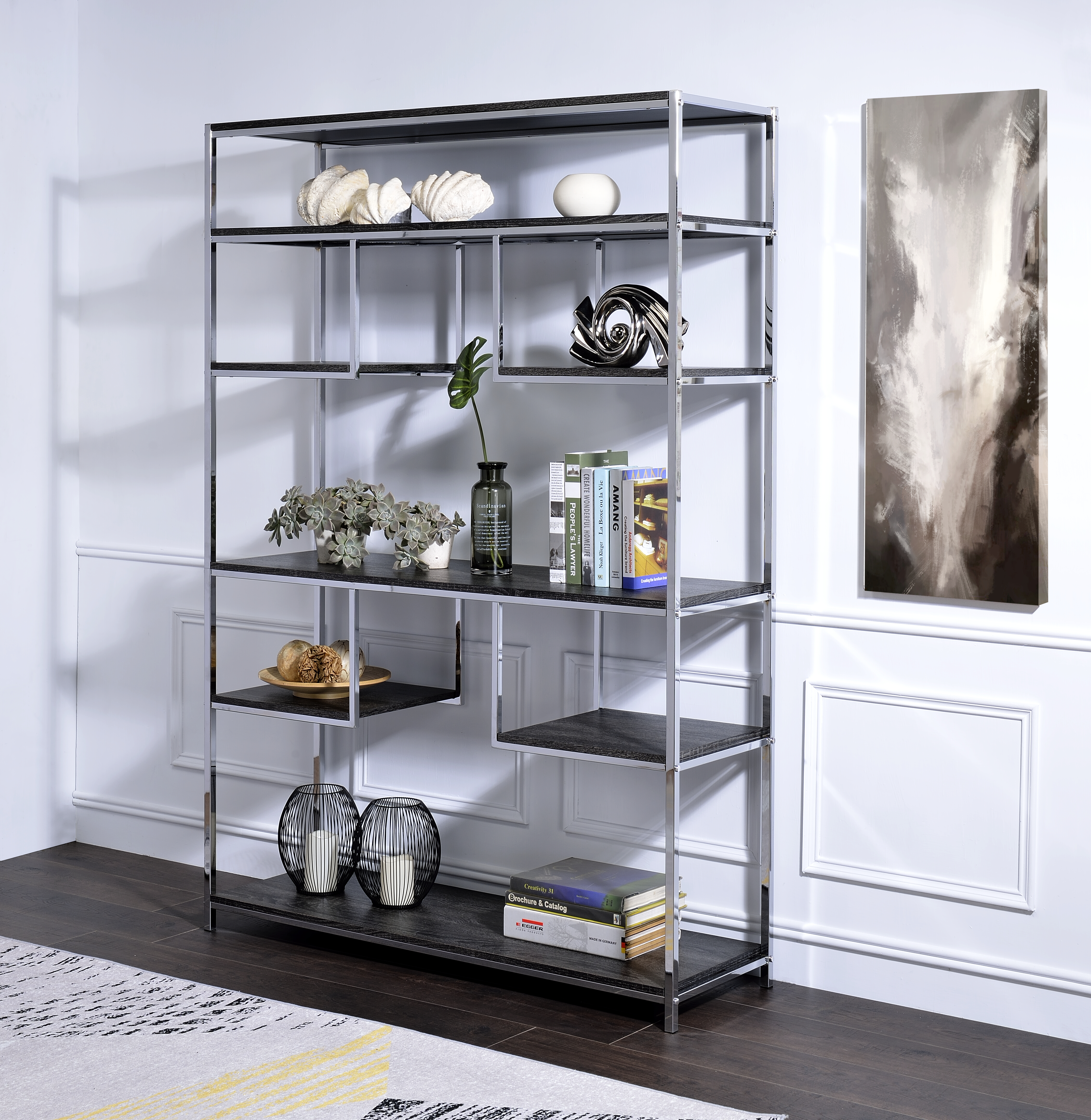 Bibliothèque Vonara chêne gris rustique et chrome