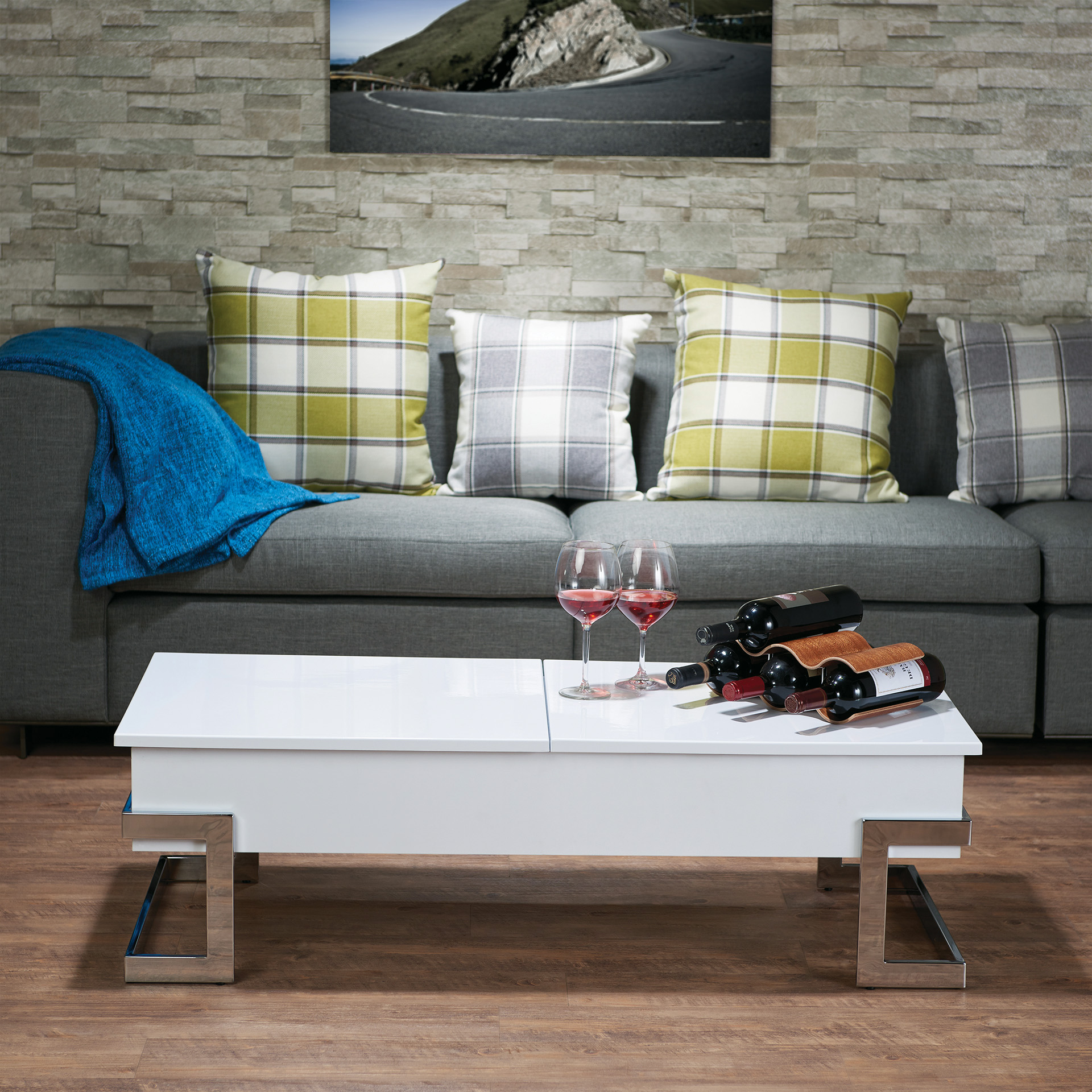 Table basse Calmam blanc brillant chrome plateau relevable