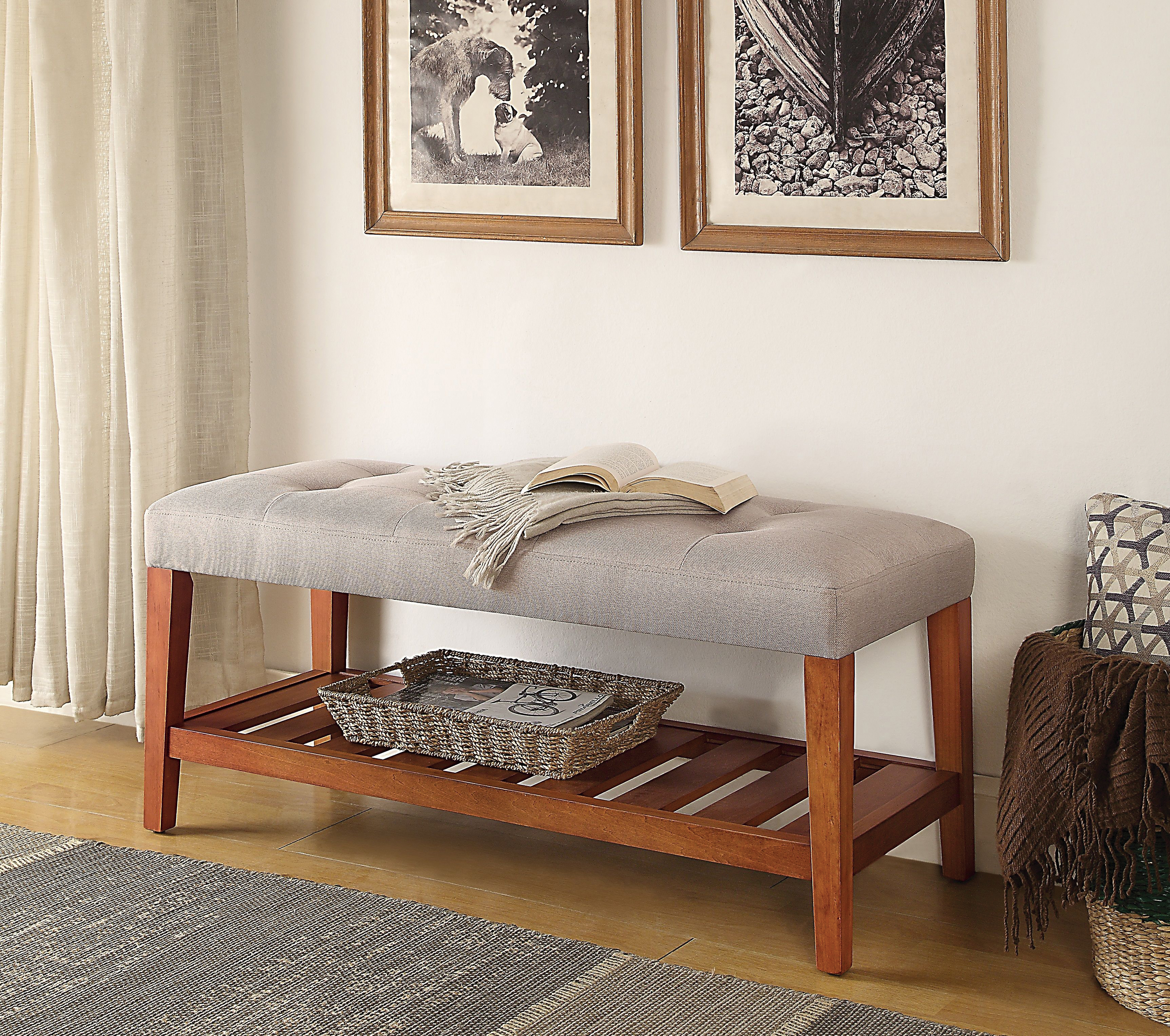 Banc Charla tissu gris clair et fini chêne