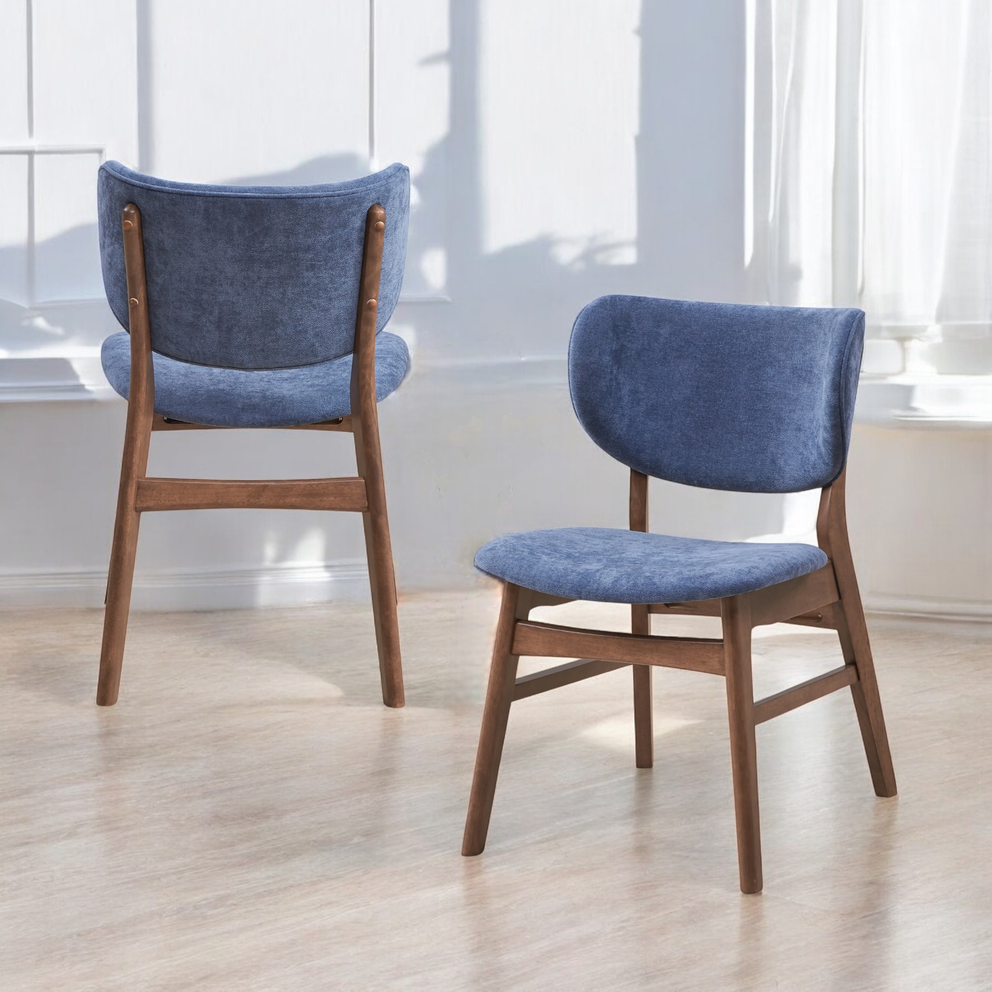 Chaise Bevis tissu bleu, lot de 2, base noyer