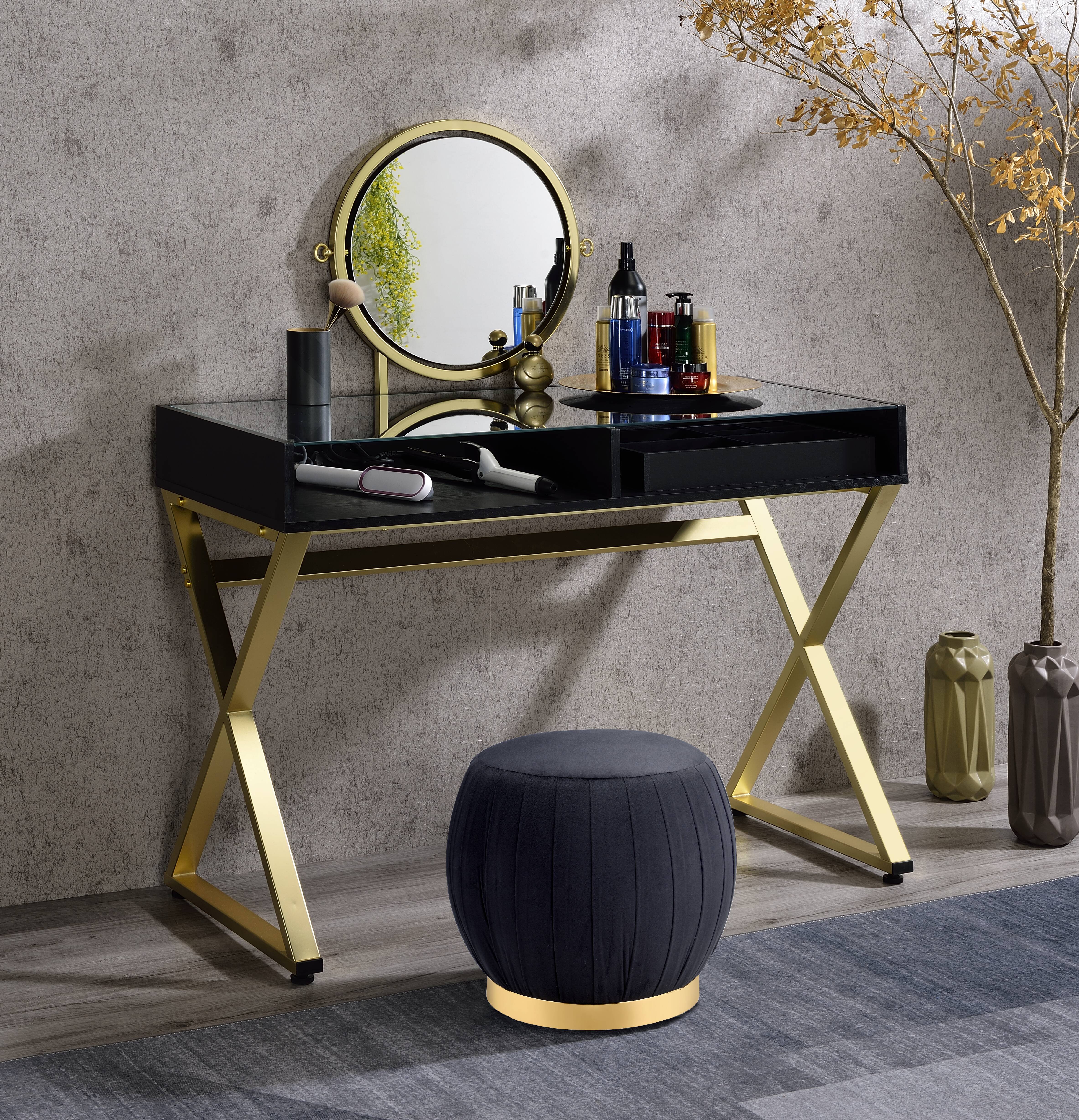 Bureau vanité Coleen noir or miroir plateau bijoux