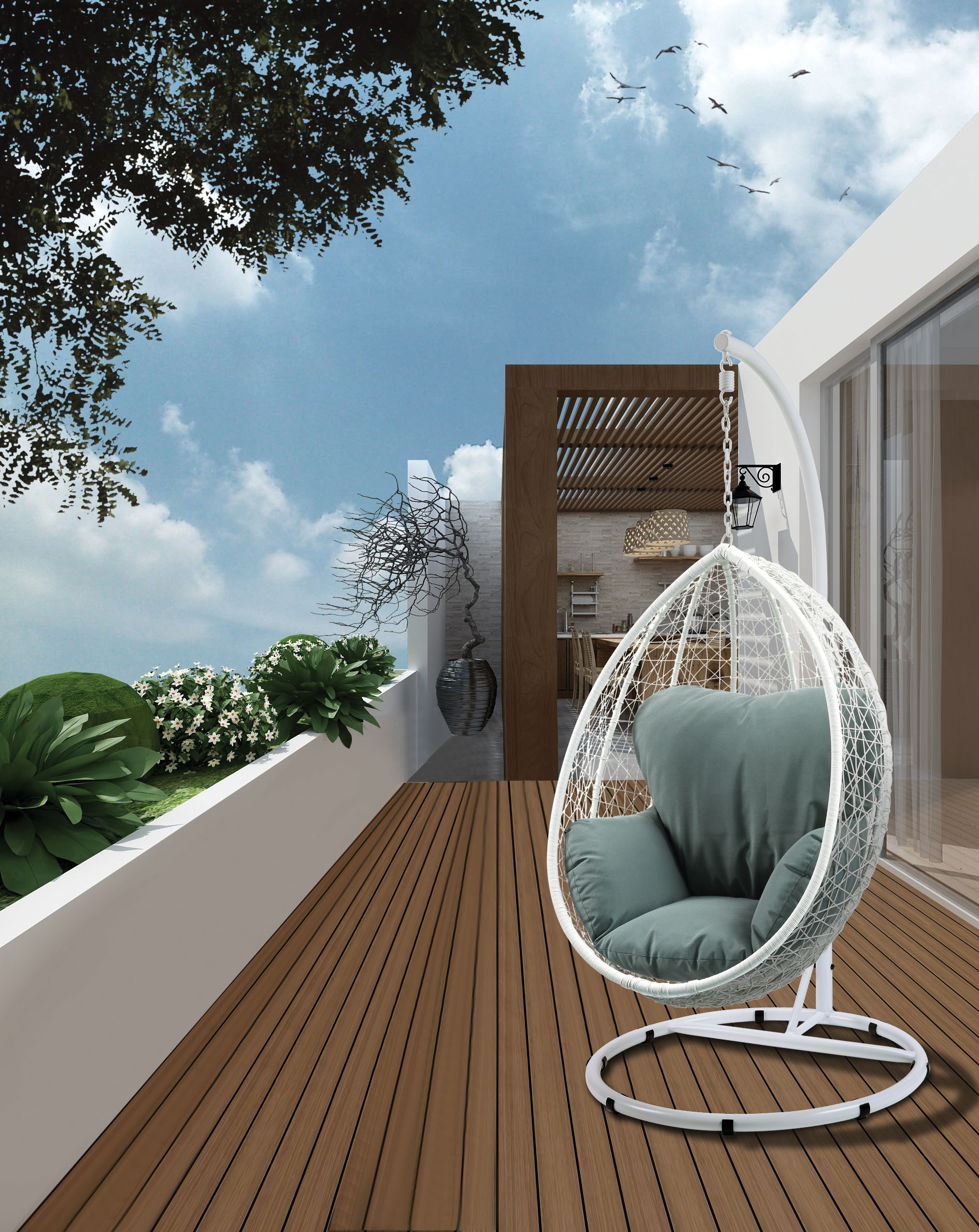 Chaise Suspendue Simona Tissu Vert Rotin Blanc