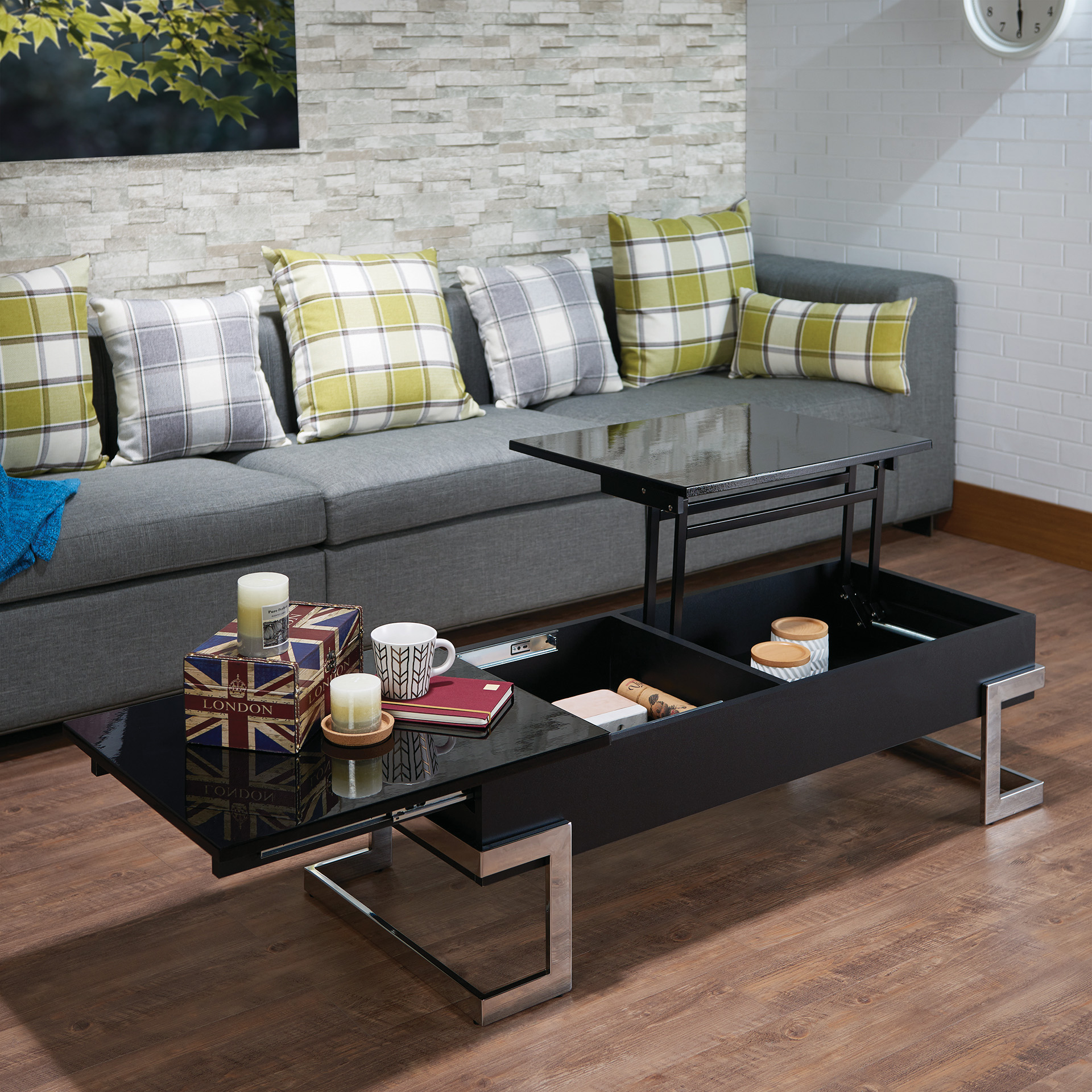 Table café Calmam noir brillant, dessus relevable