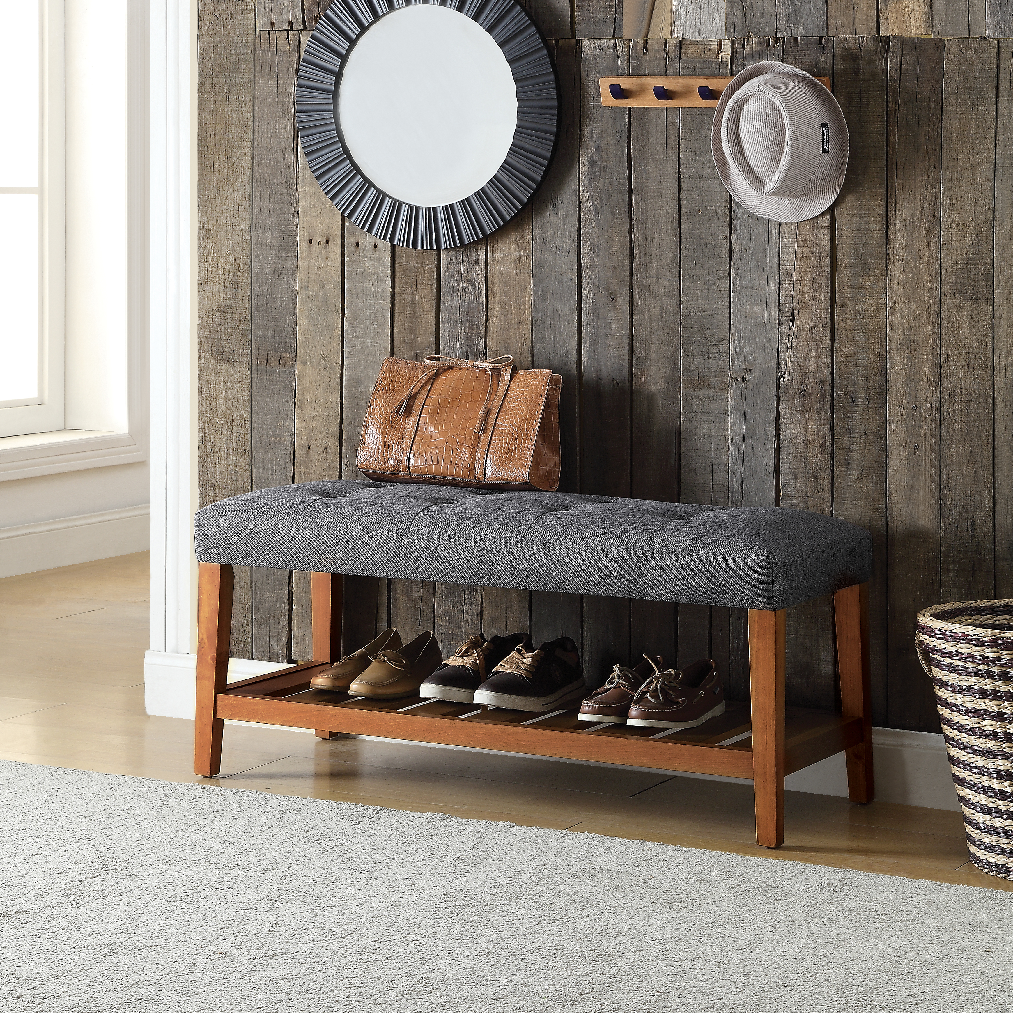 Banc Charla tissu gris, finition chêne