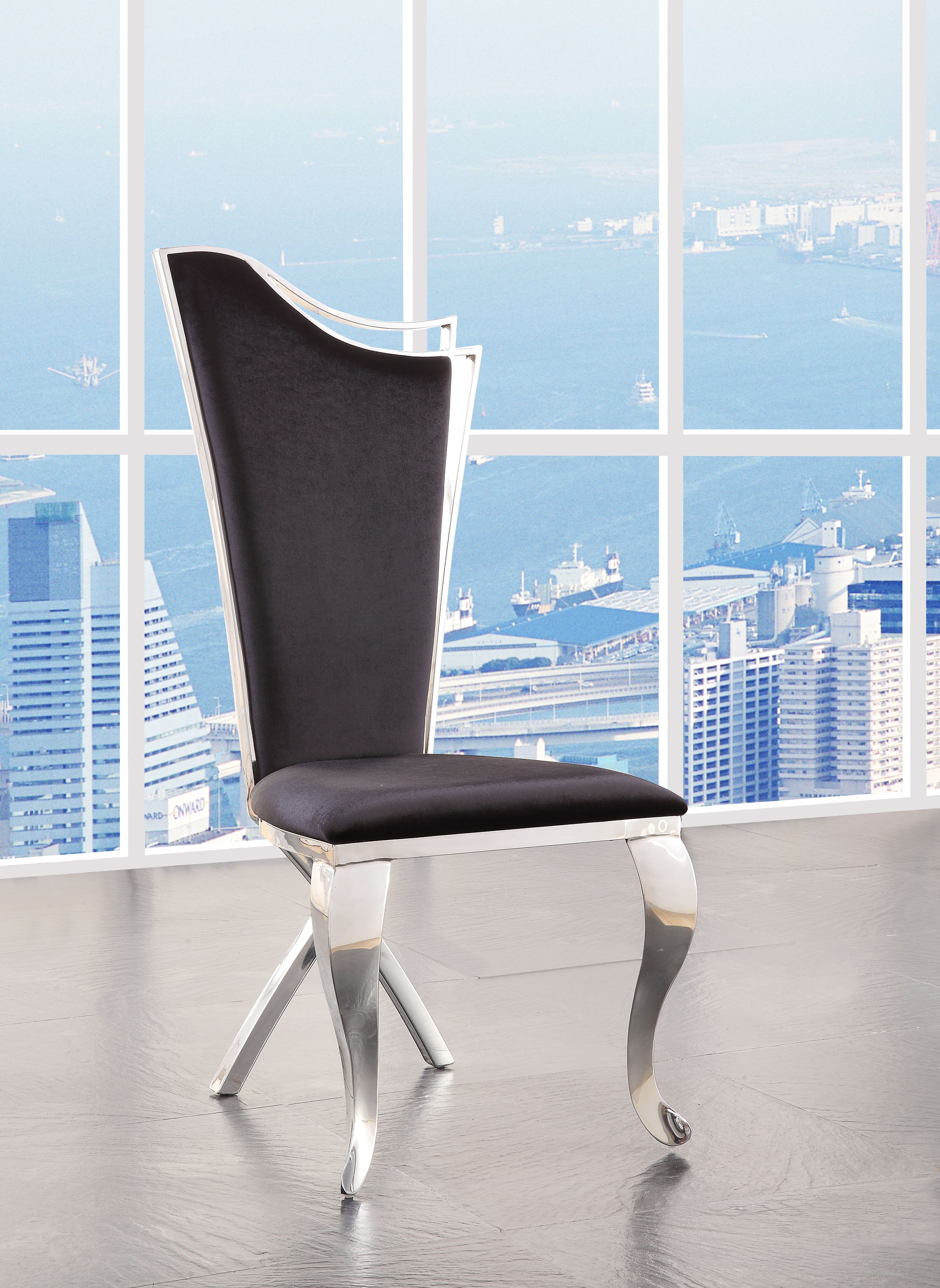 2 chaises latérales Cyrene tissu noir acier inoxydable