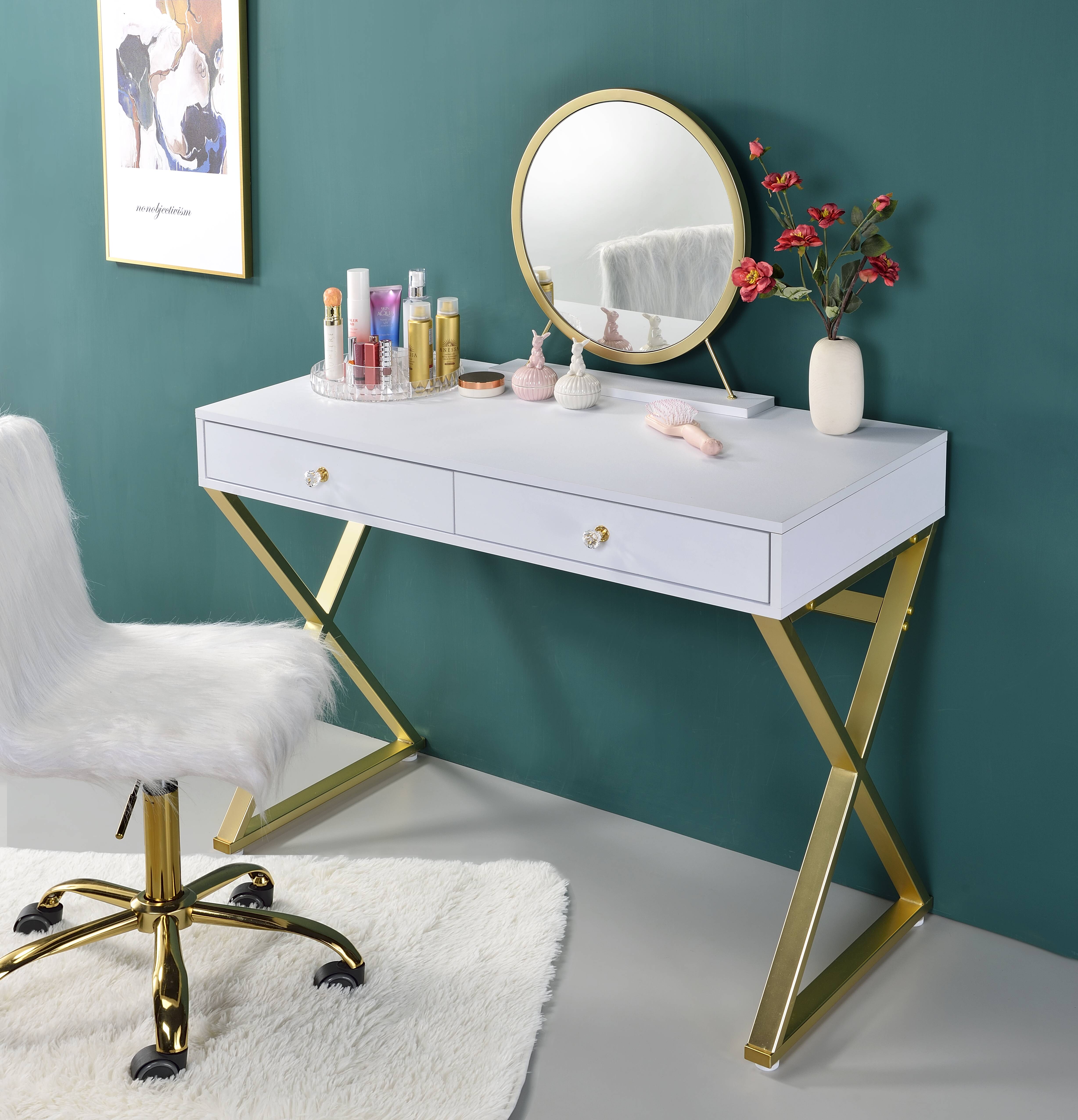 Bureau vanité Coleen blanc et or avec miroir et plateau bijoux