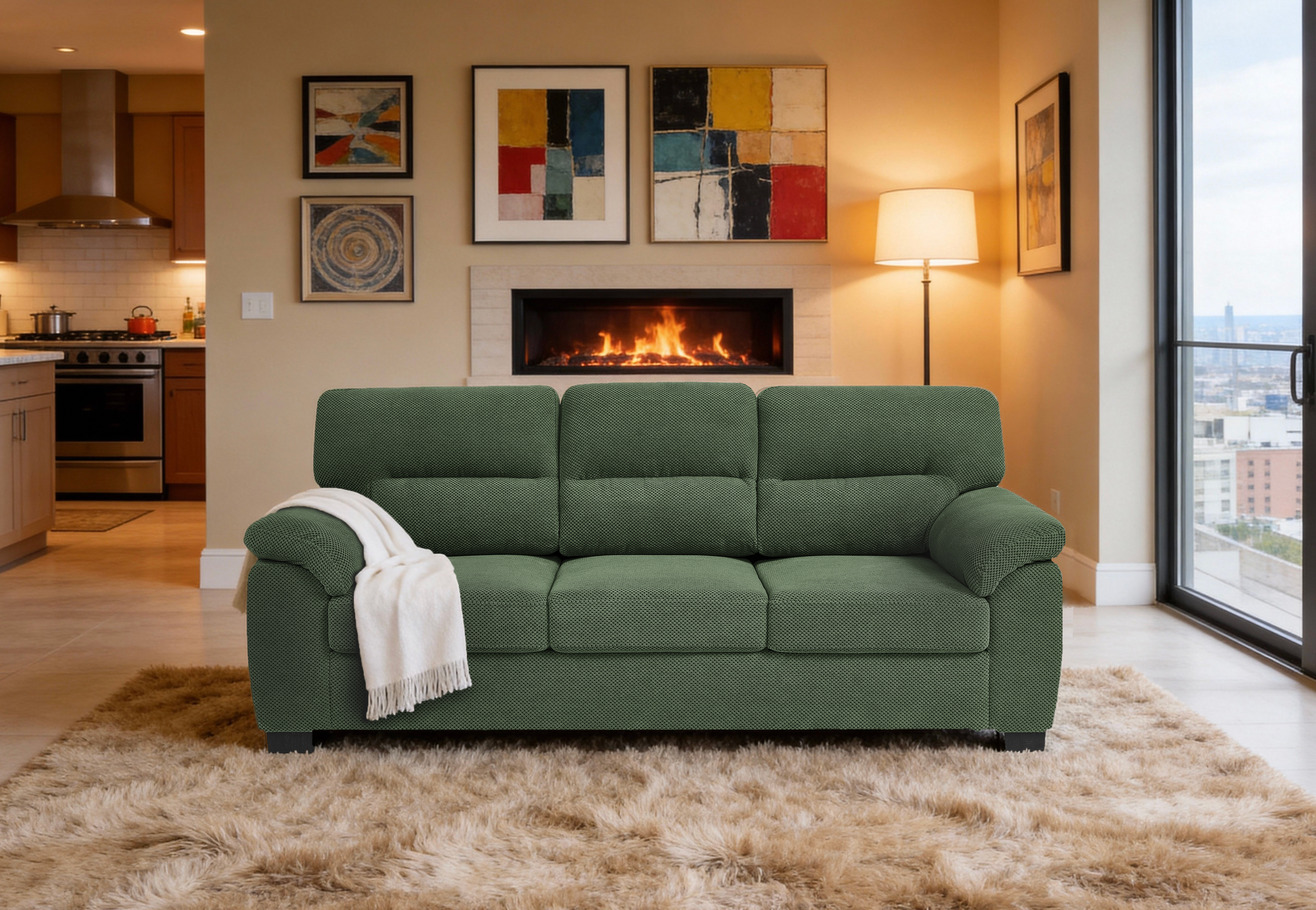 Sofa 3 places vert, tissu texturé, cadre robuste