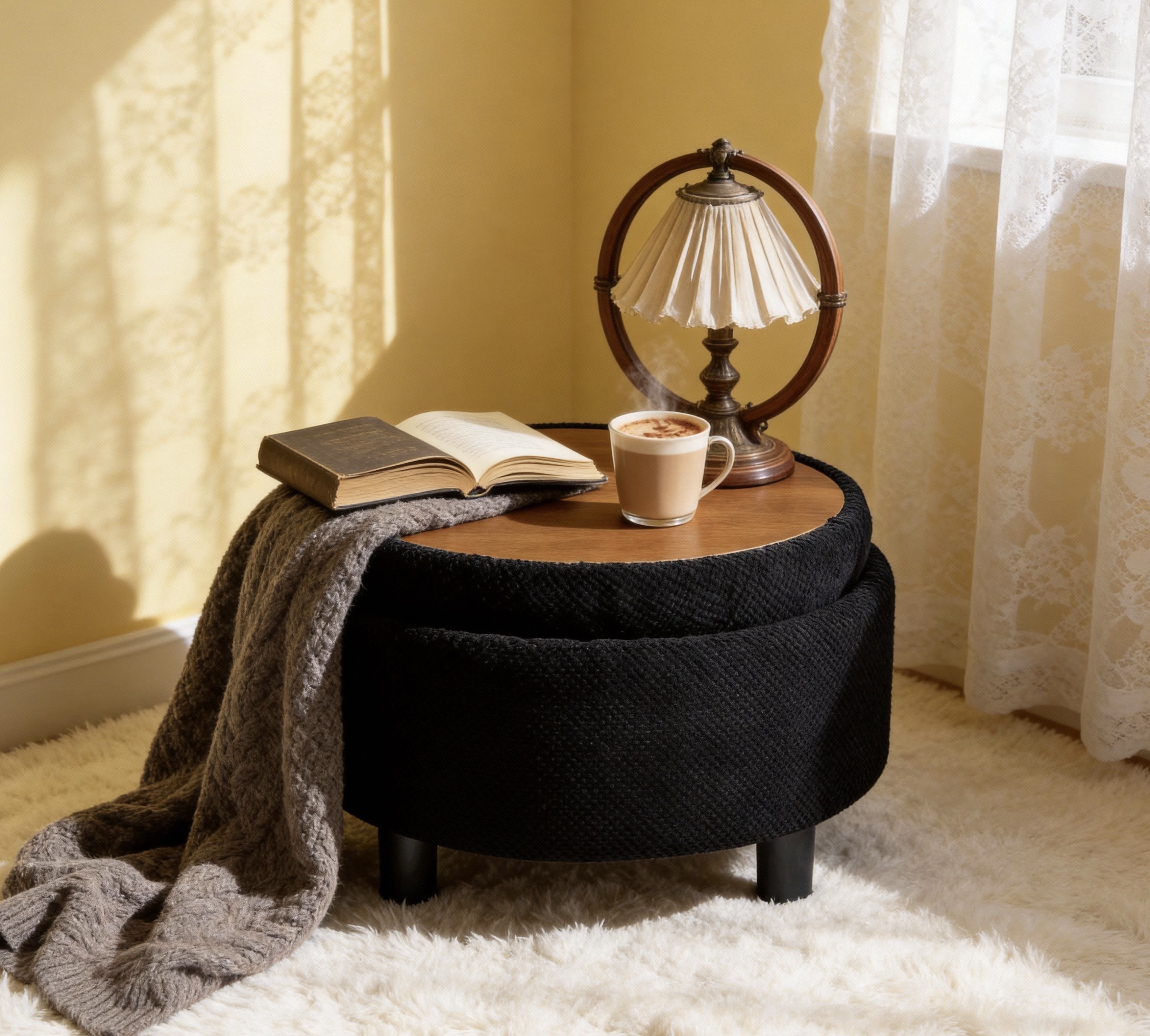 Ottoman rangement 25po rond plateau tissu capitonné noir
