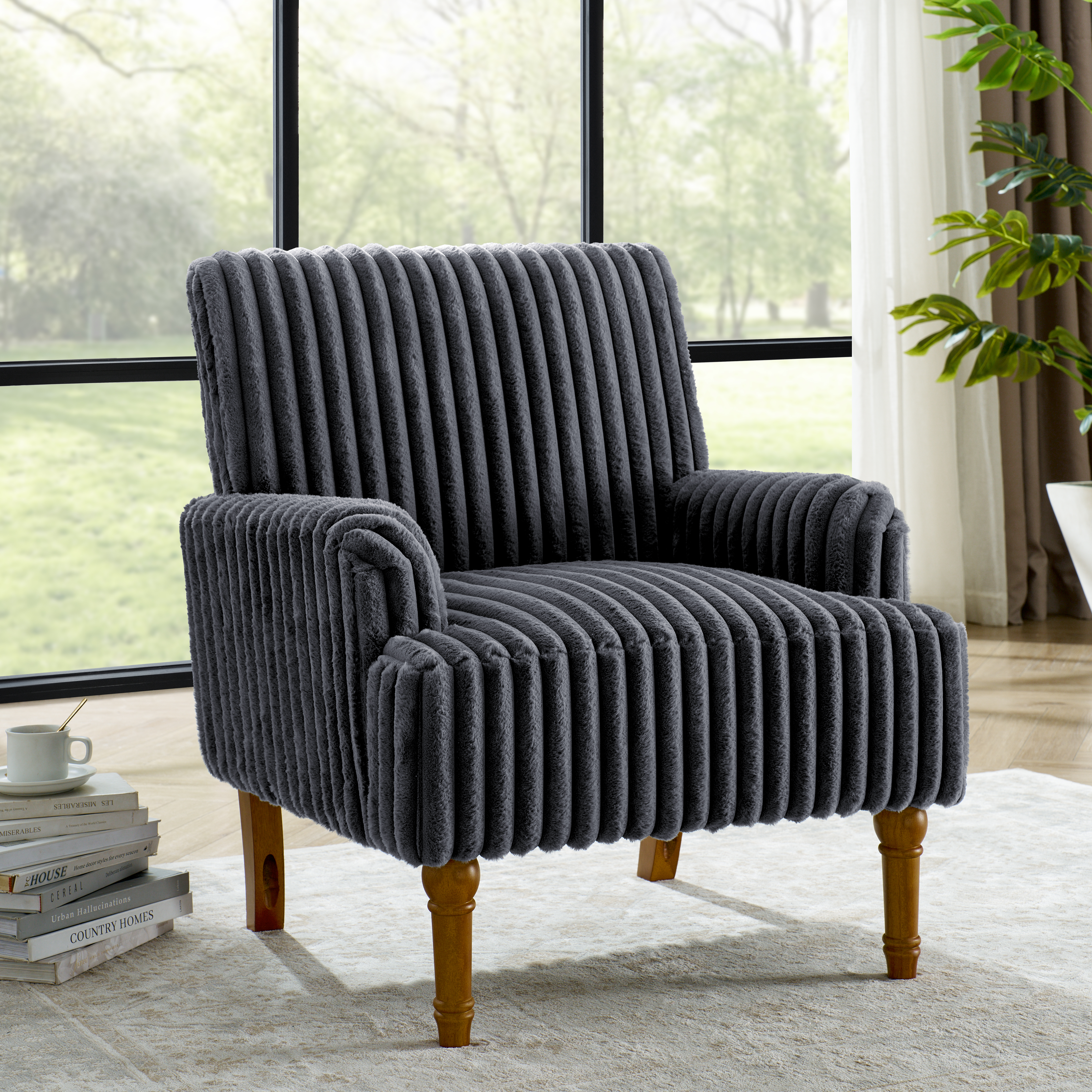 Fauteuil accent moderne gris velours côtelé bois
