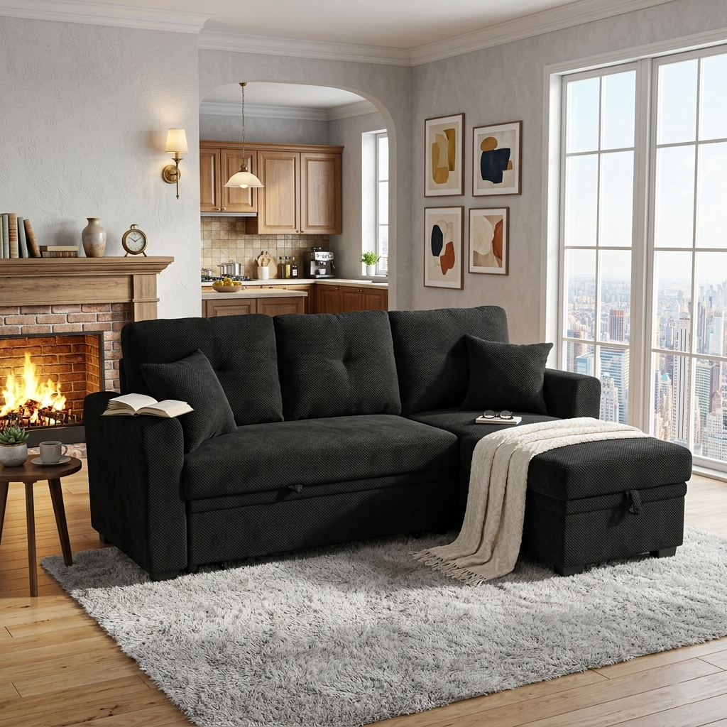 Canapé-lit sectional réversible ottomane, tissu noir, petit espace