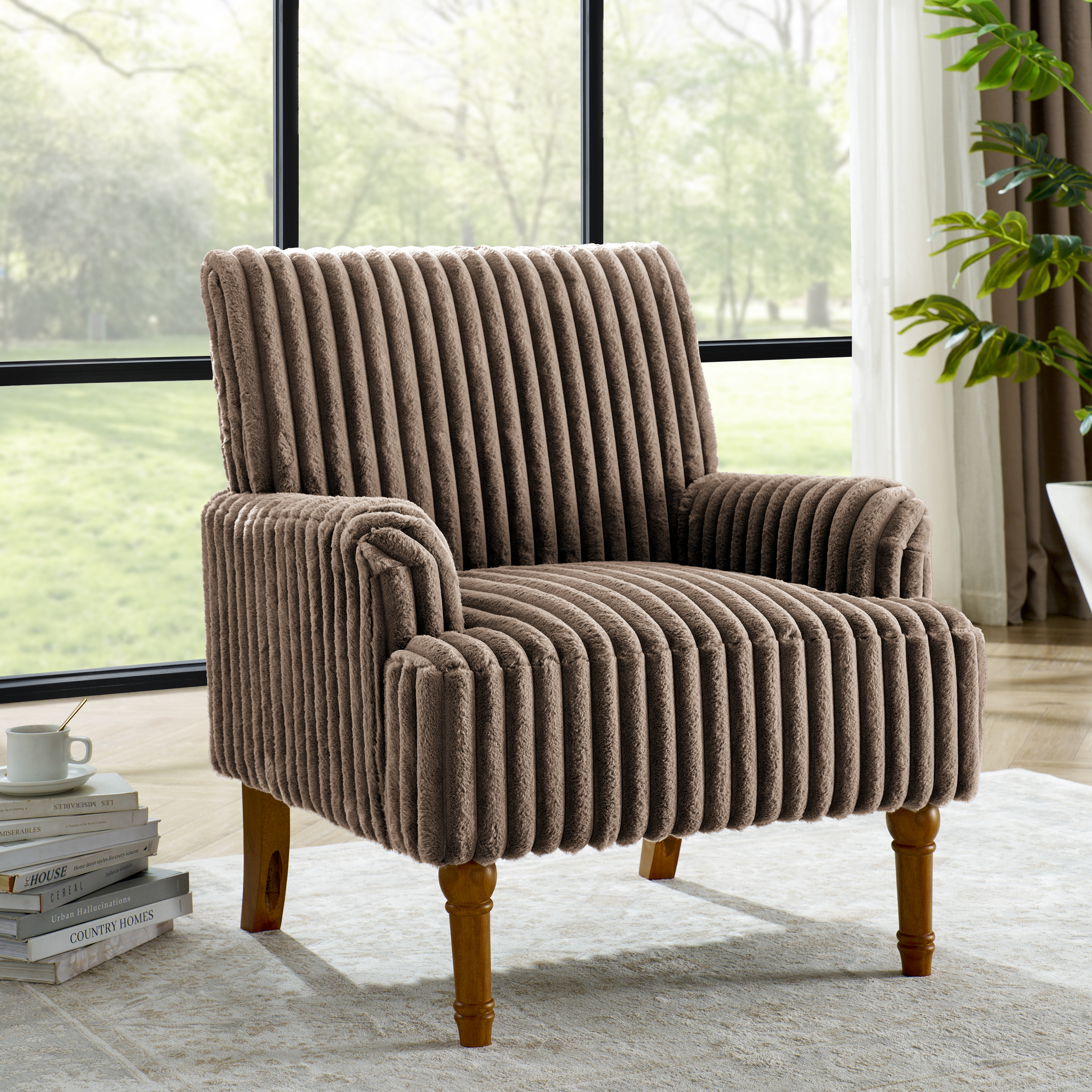 Fauteuil accent moderne velours côtelé gris, pieds bois