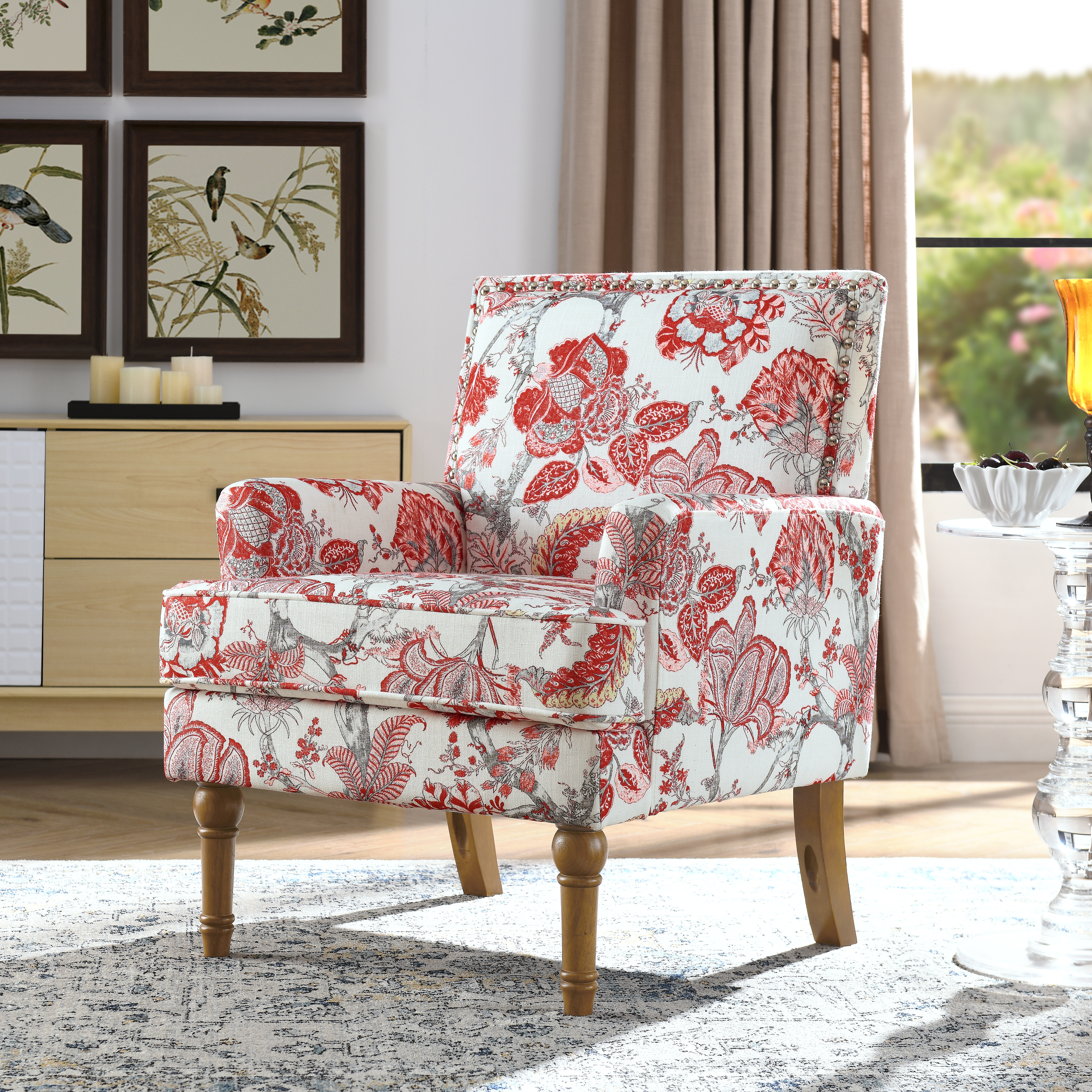 Fauteuil d'accent floral, clous décoratifs, bois massif, rouge