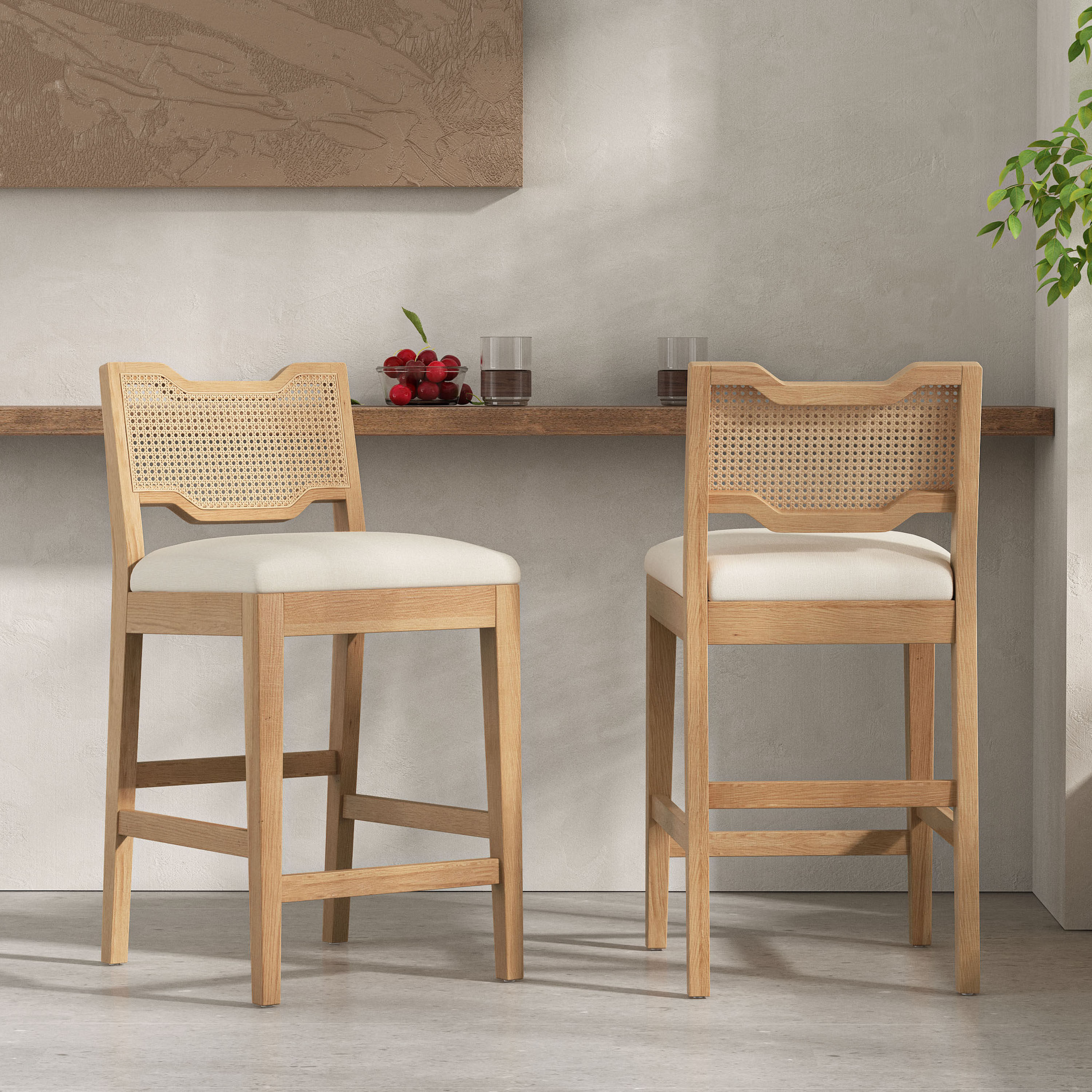 Ensemble de 2 tabourets de bar farmhouse 28po, sans bras, dossier rotin naturel, beige
