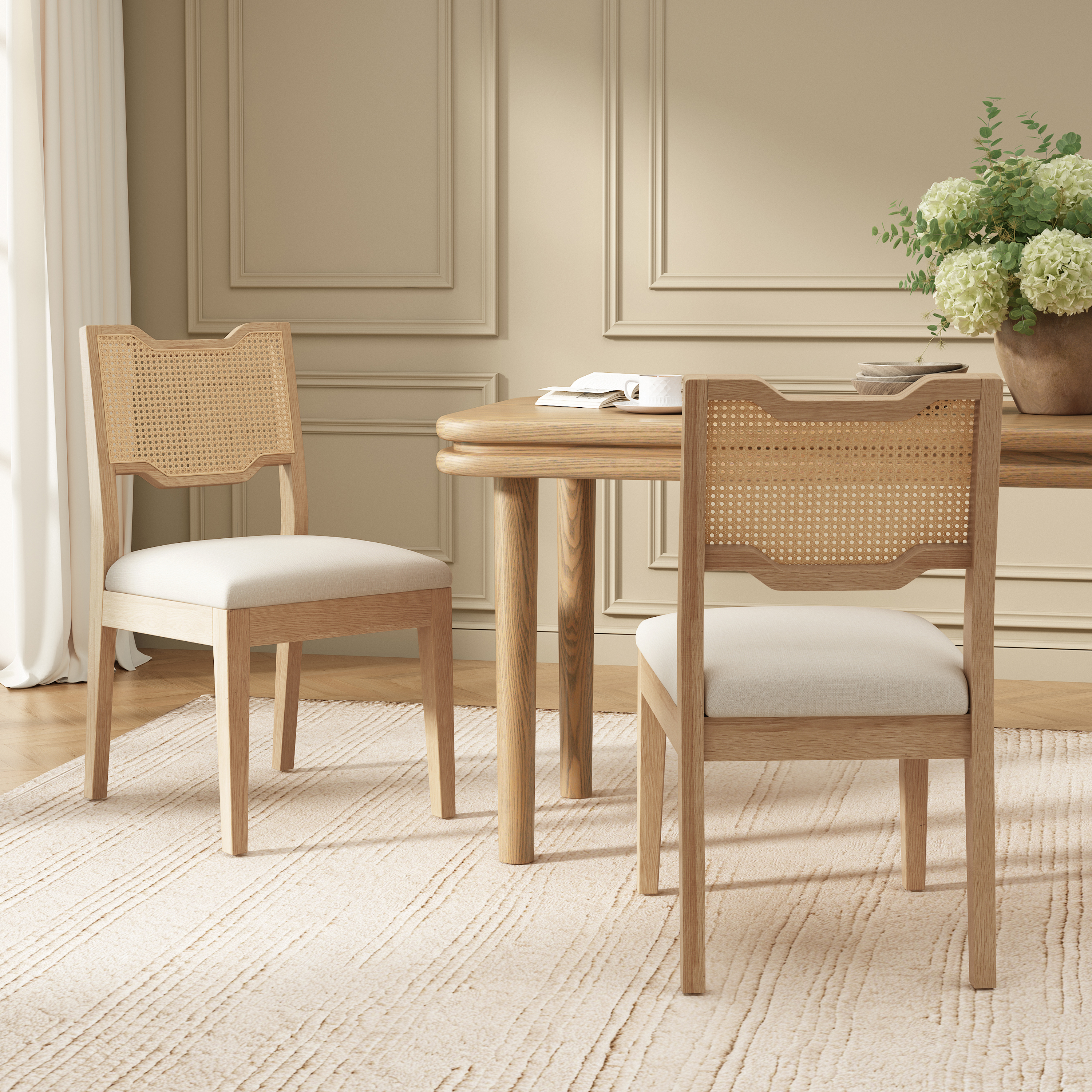 Ensemble 2 tabourets bar 28po, rotin naturel, noyer beige
