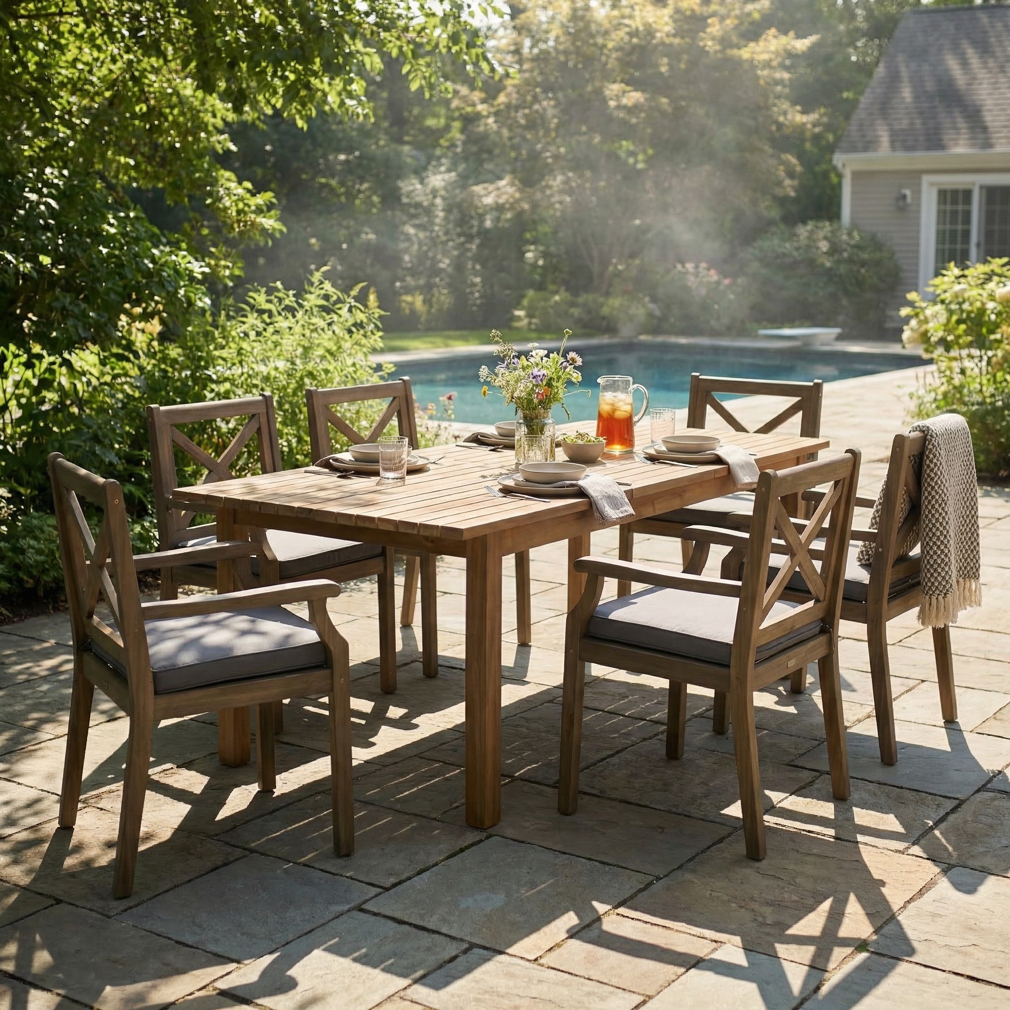 Ensemble terrasse 7 pièces acacia 6 chaises coussins gris