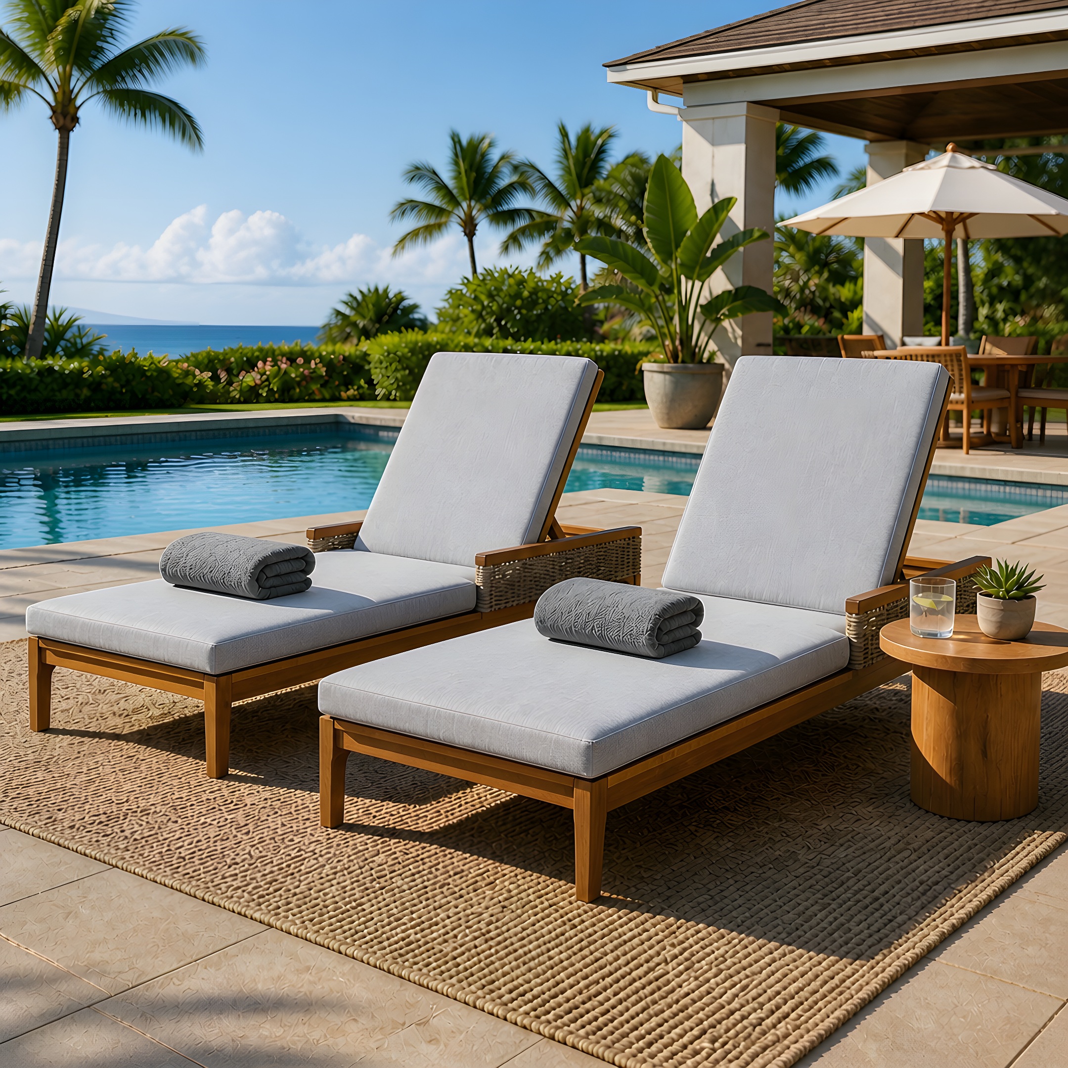 Ensemble 2 chaises longues acacia 76,8 po, coussins gris