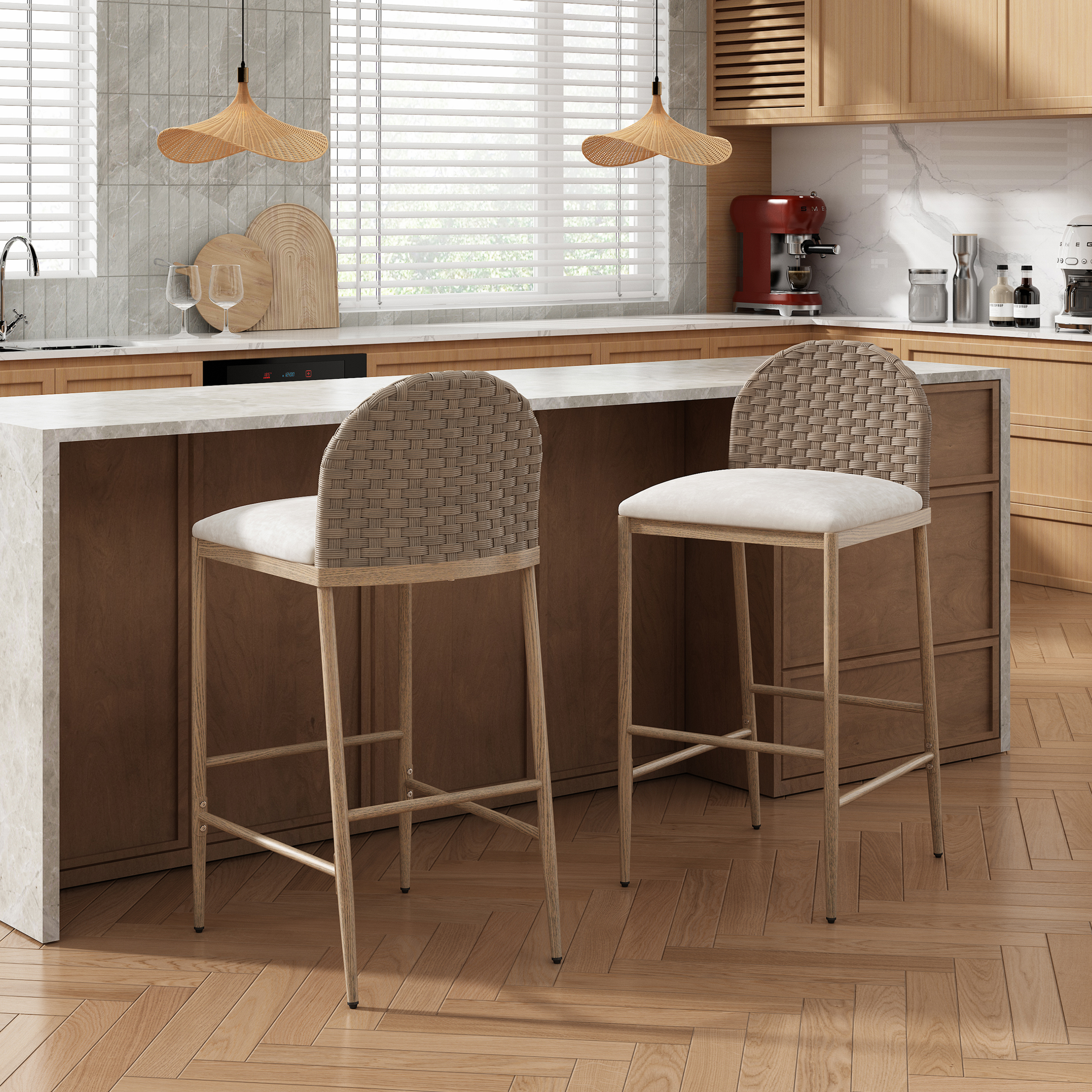 Set 2 tabourets comptoir ferme 29,5po, rotin, brun beige
