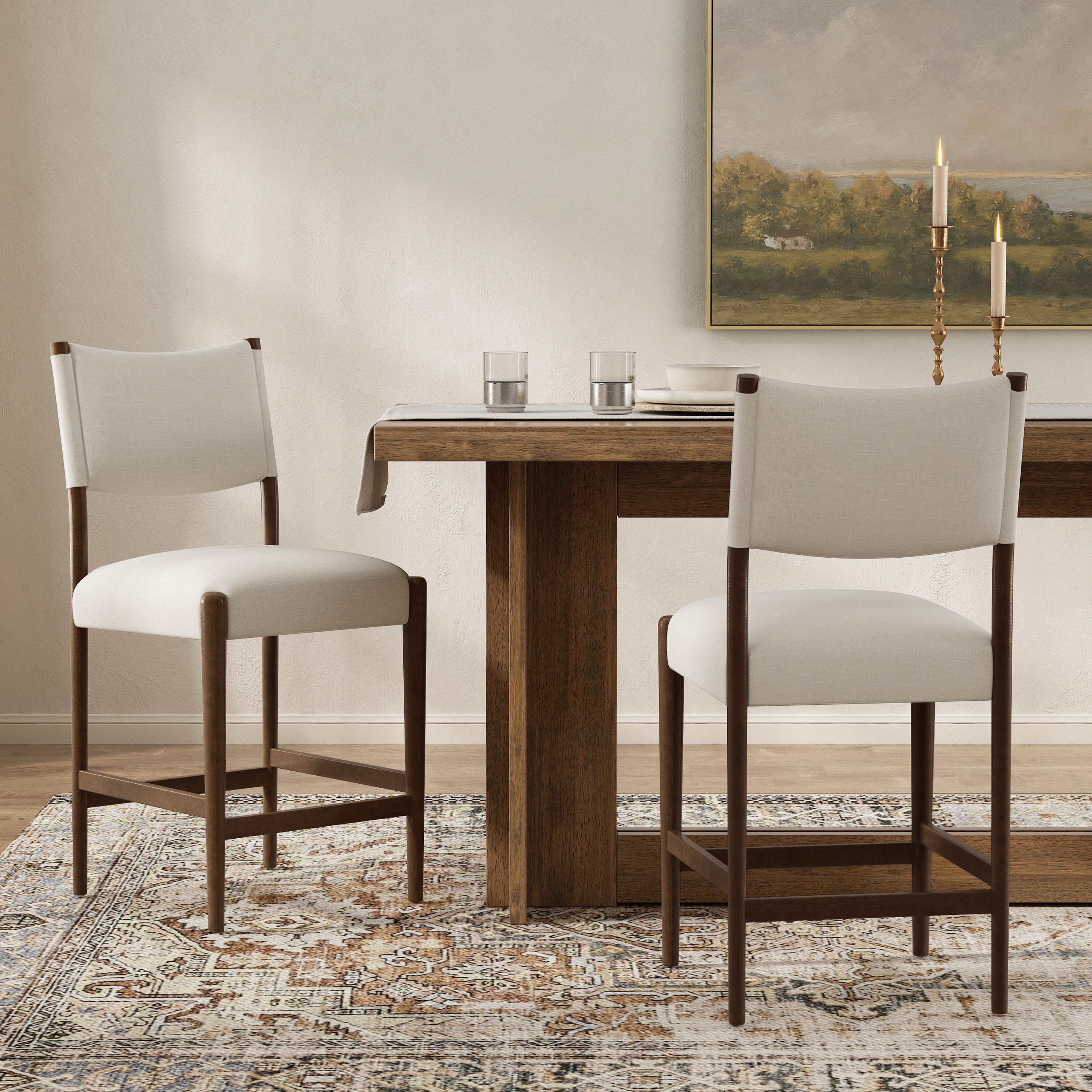 Tabourets comptoir 26,4", ensemble de 2, lin beige, jambes noyer