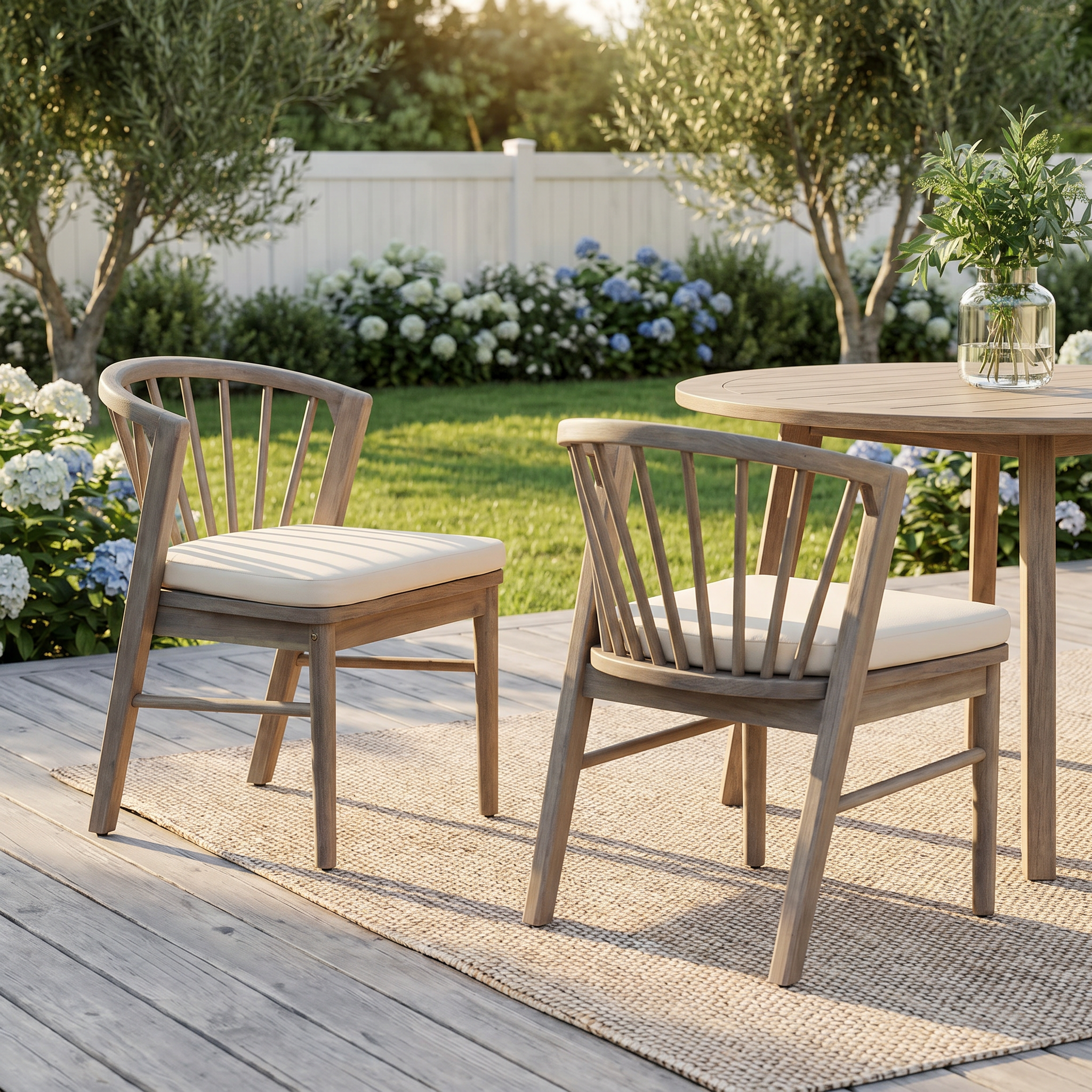 Ensemble 2 chaises patio, bois acacia, coussin crème