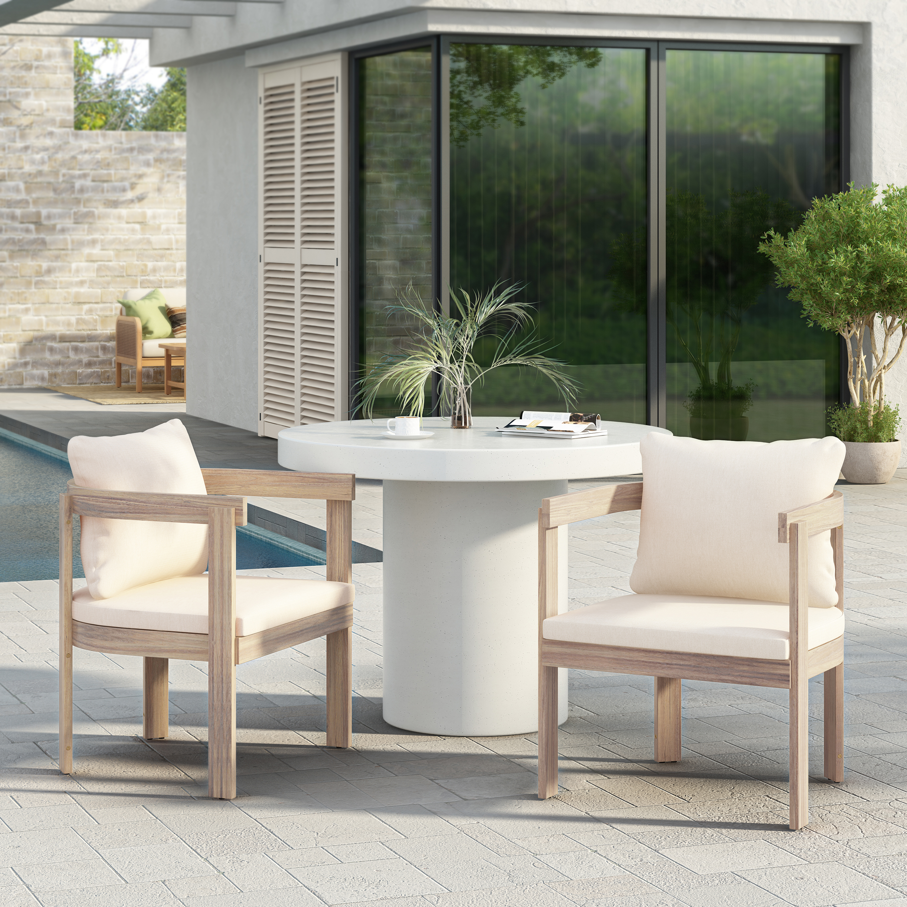 Chaises salle à manger acacia 2 pièces, fauteuil coussin crème