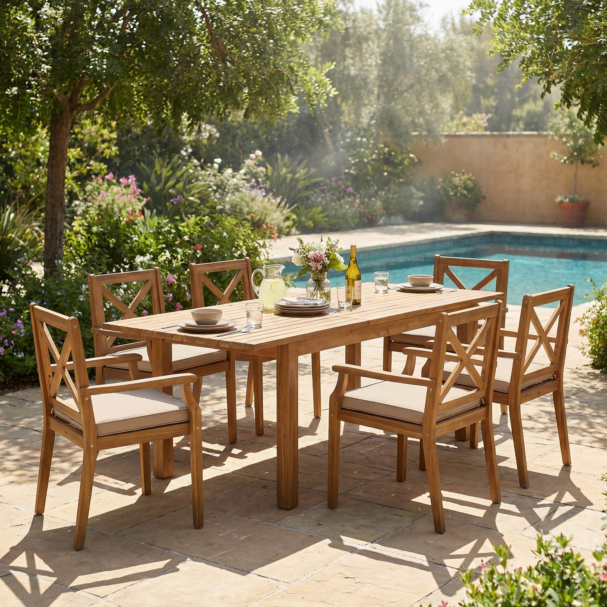 Ensemble dîning acacia 7 pièces coussins crème, teck
