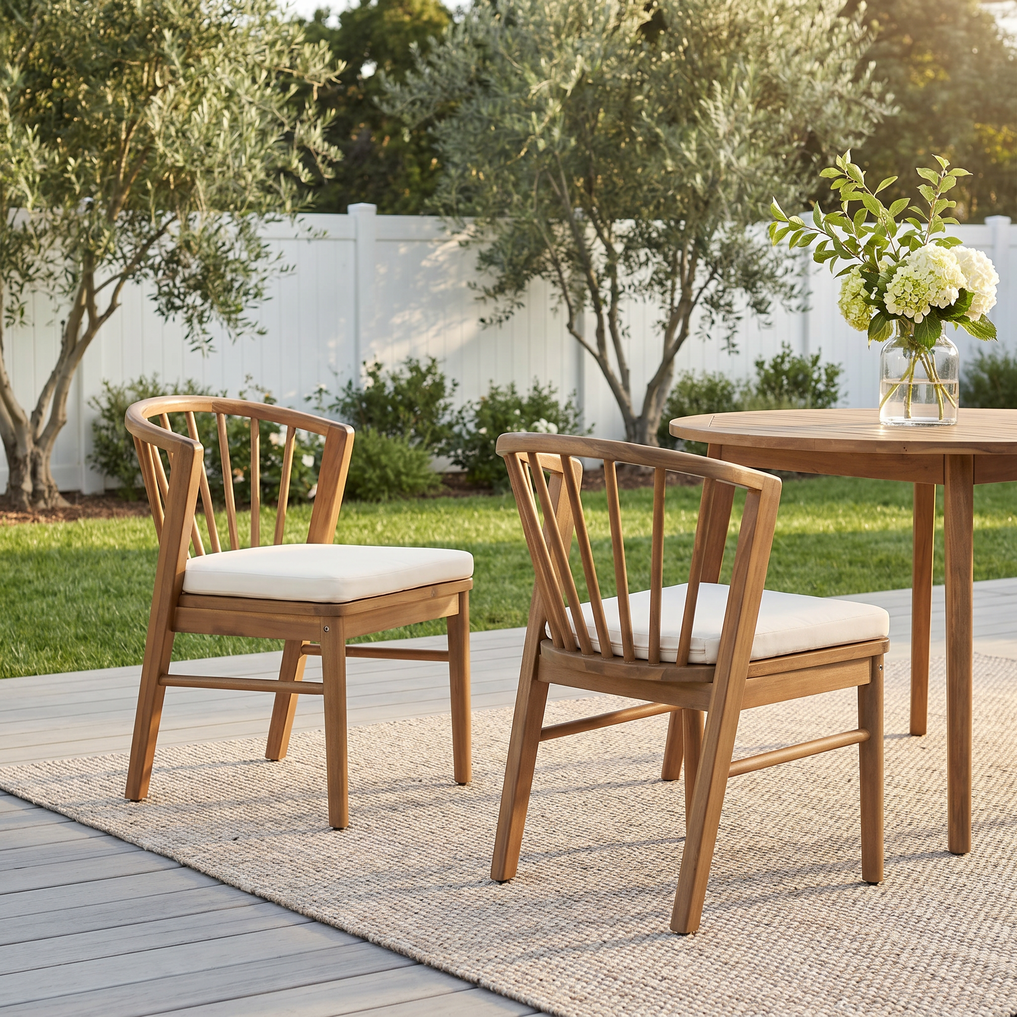 Ensemble 2 chaises patio acacia, coussin crème