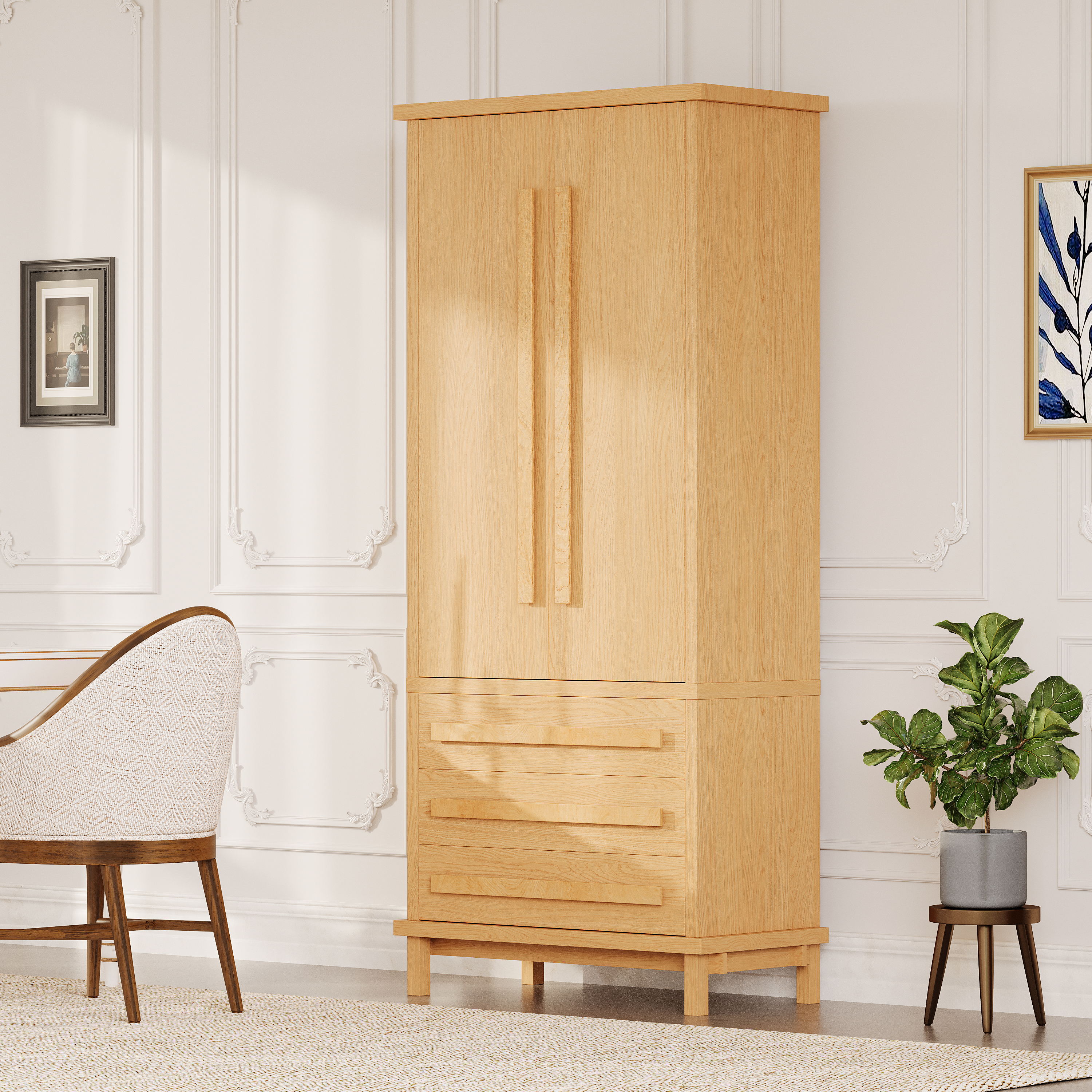 Armoire pantry cuisine 70po 2 tablettes 6 portes bois naturel