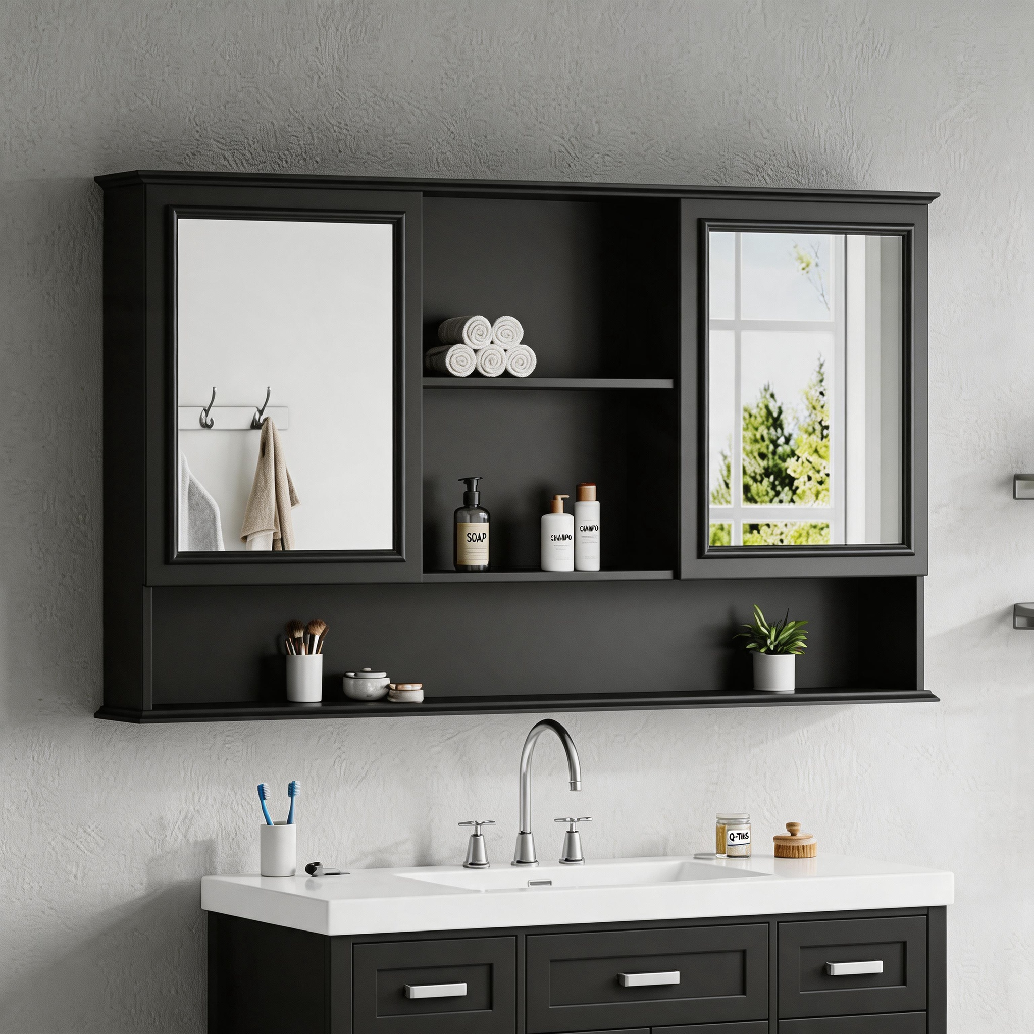 Armoire de pharmacie murale 60 po, portes miroir double, tablettes ajustables
