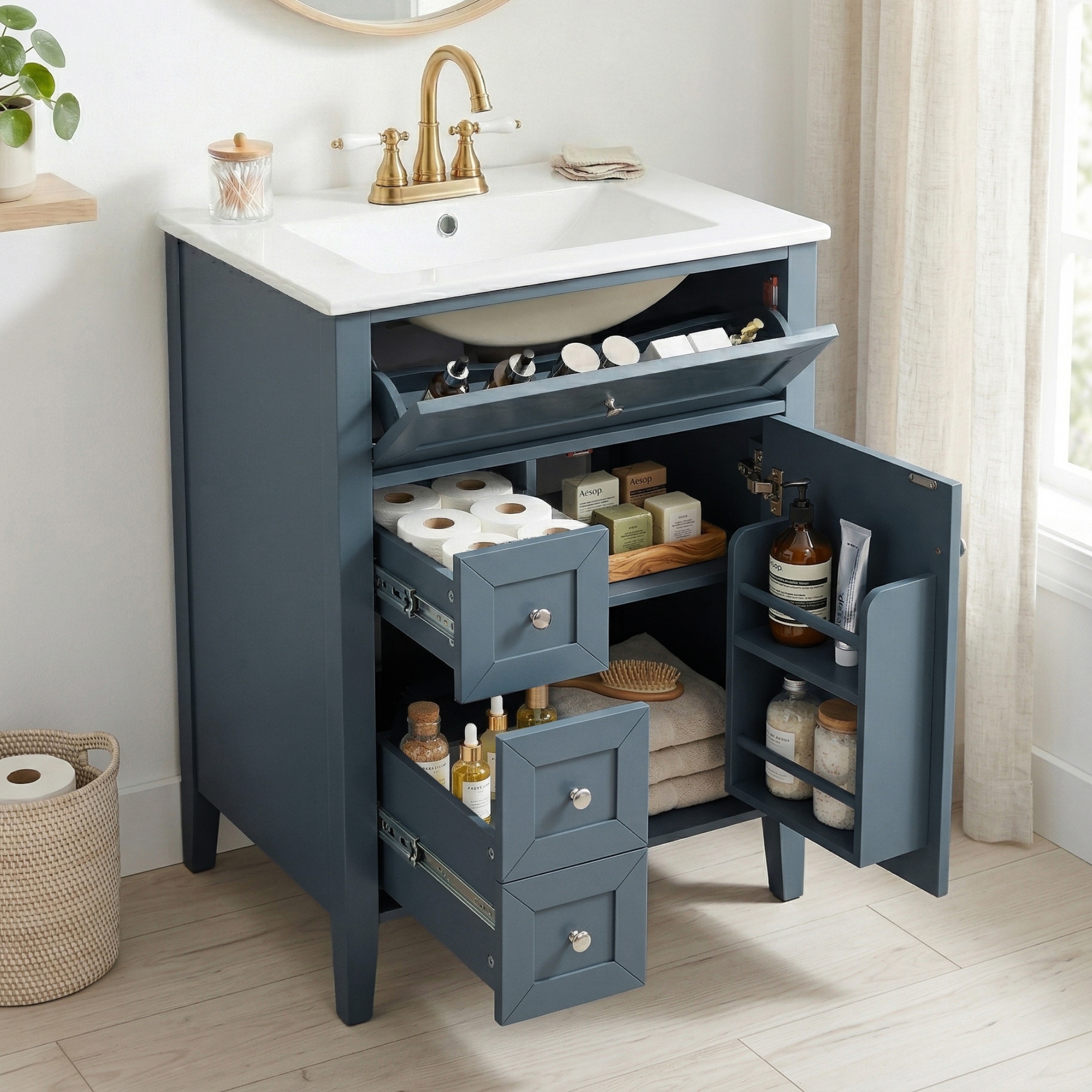 Vanité 24po avec lavabo céramique, 3 tiroirs, gris bleu, bois