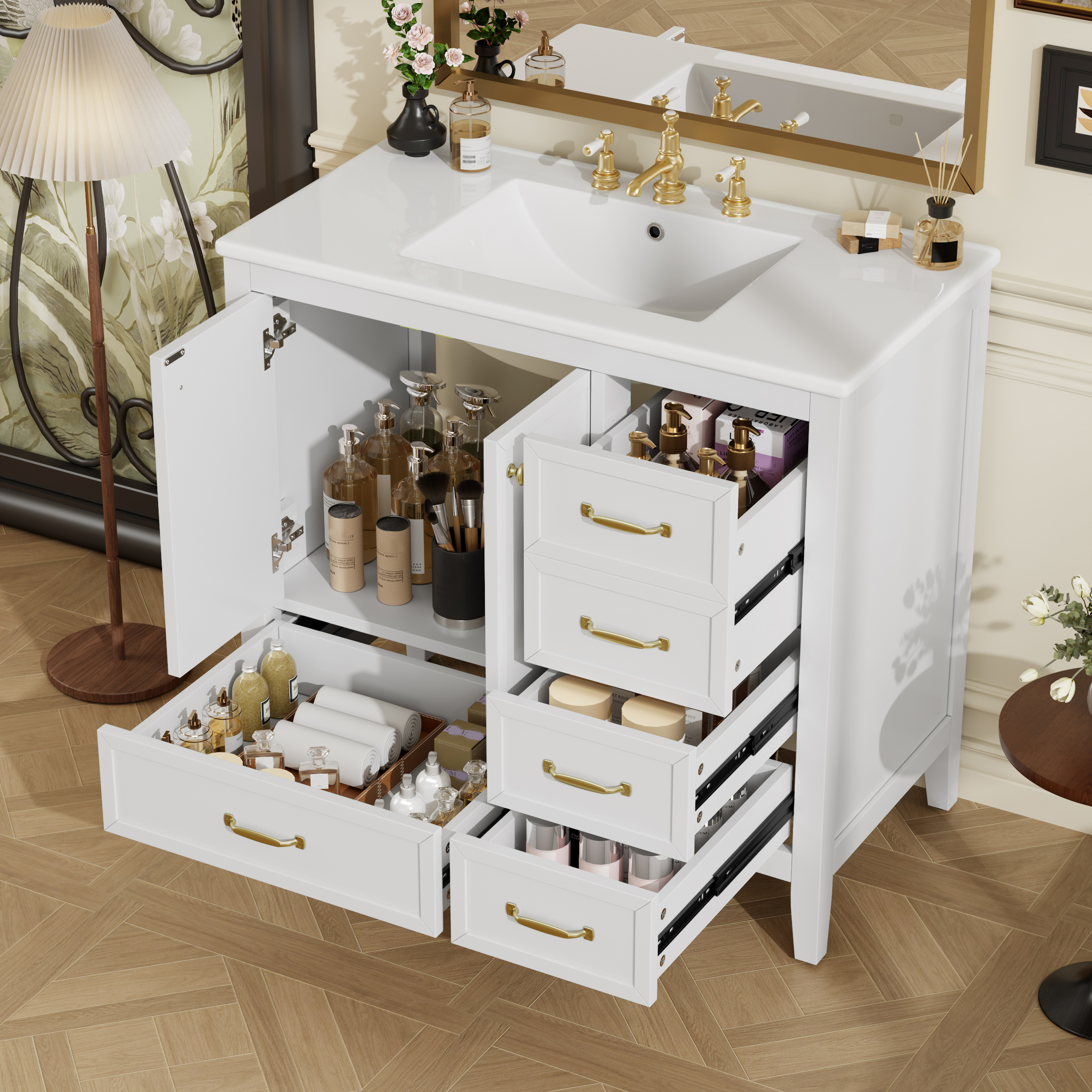 Vanité salle bain 36 po, lavabo, portes soft-close, blanc