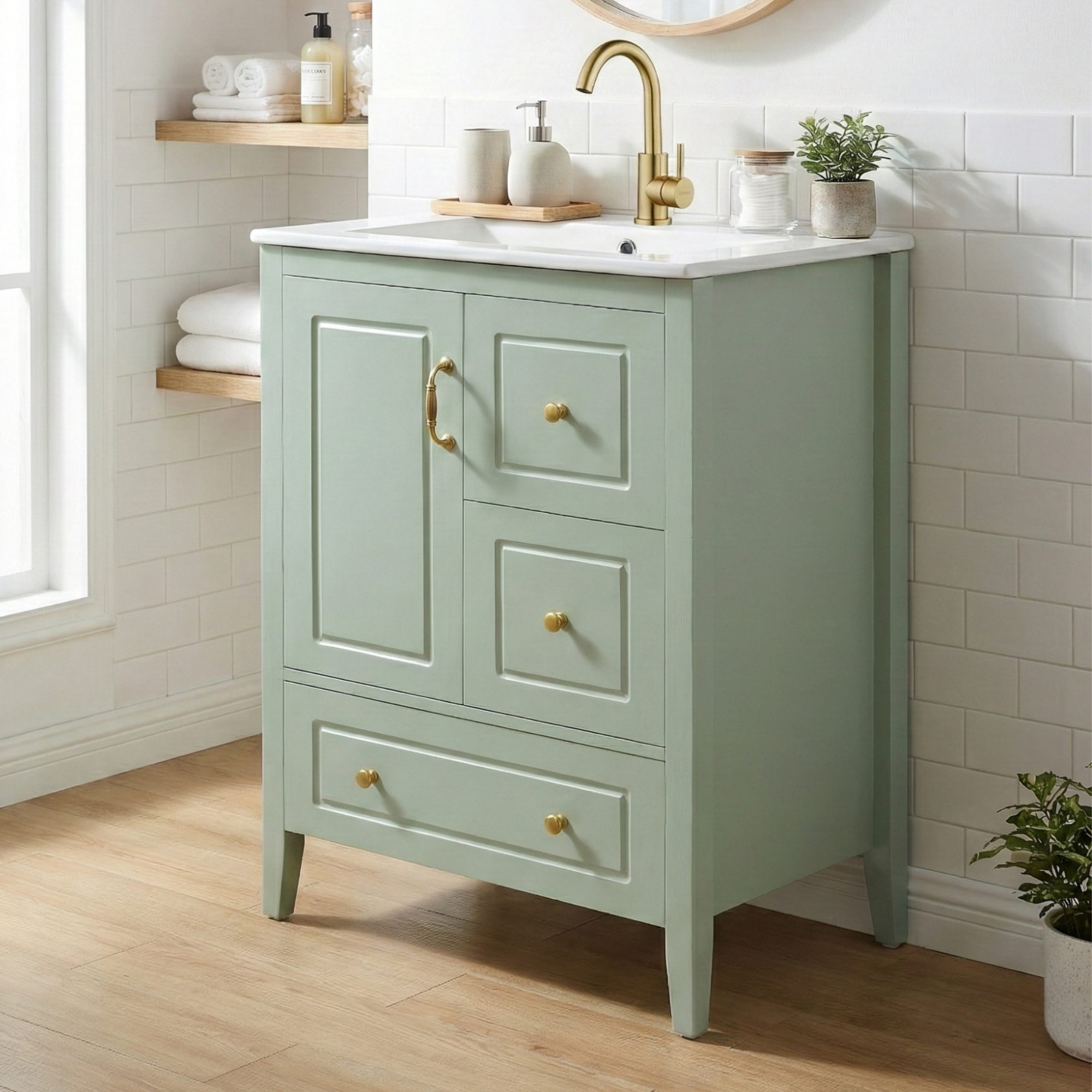 Vanité salle bain 24po vert pâle, 1 cabinet 3 tiroirs fermeture douce
