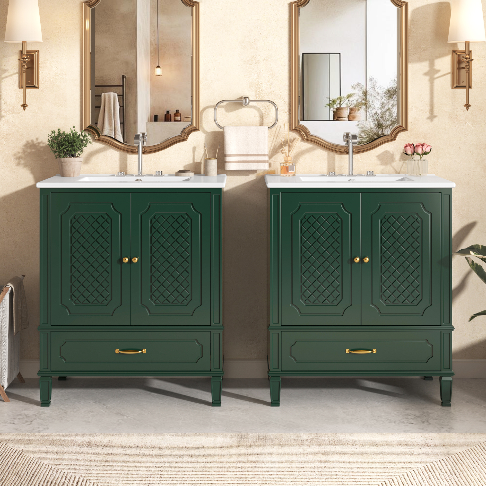 Vanité salle bain 60" double lavabo 2 portes, vert