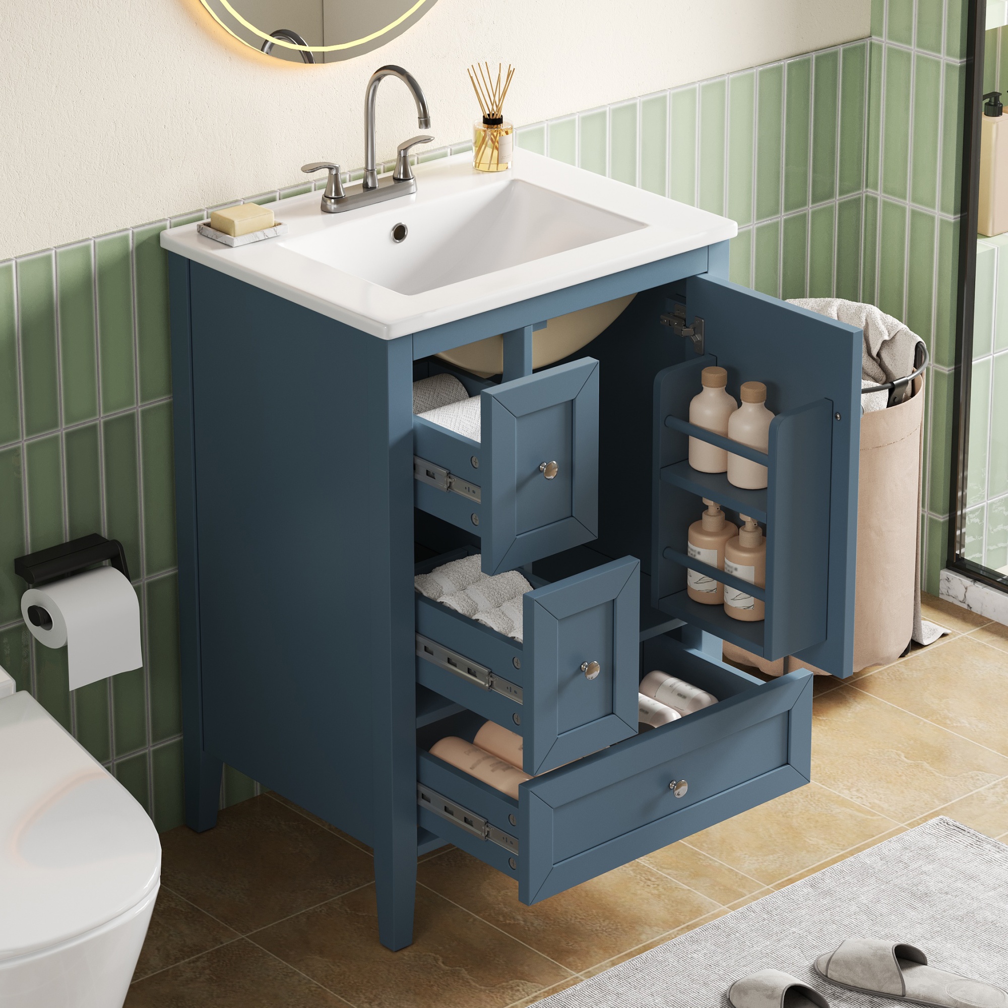 Vanité salle de bain 24po gris bleu bois massif rangement