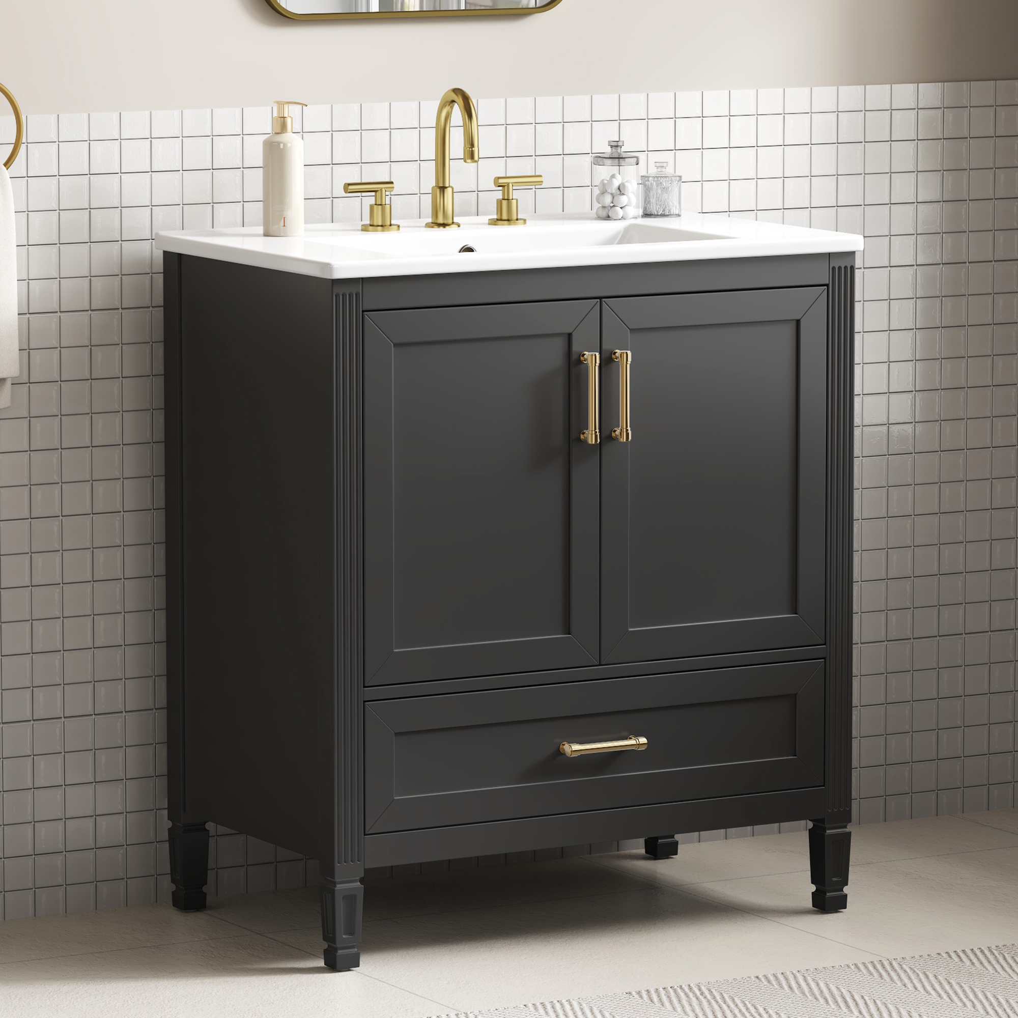 Vanité salle bain 30" cerisier portes soft-close noir
