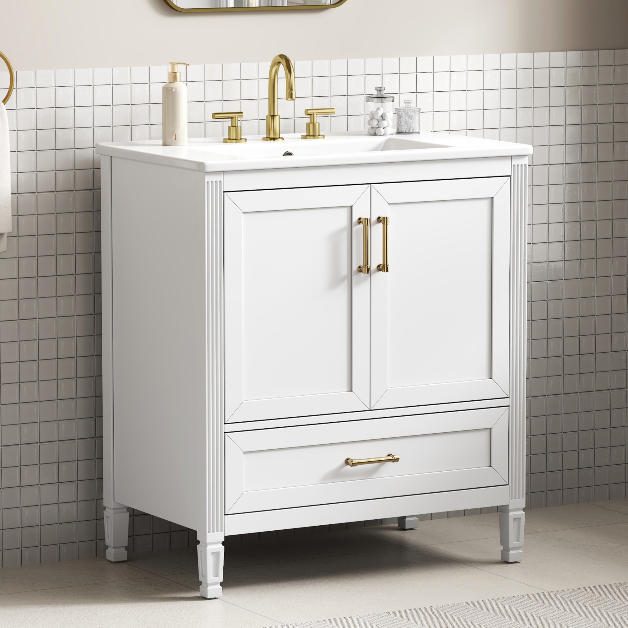 Vanité Salle Bain 30po Évier Céramique Portes Fermeture Douce