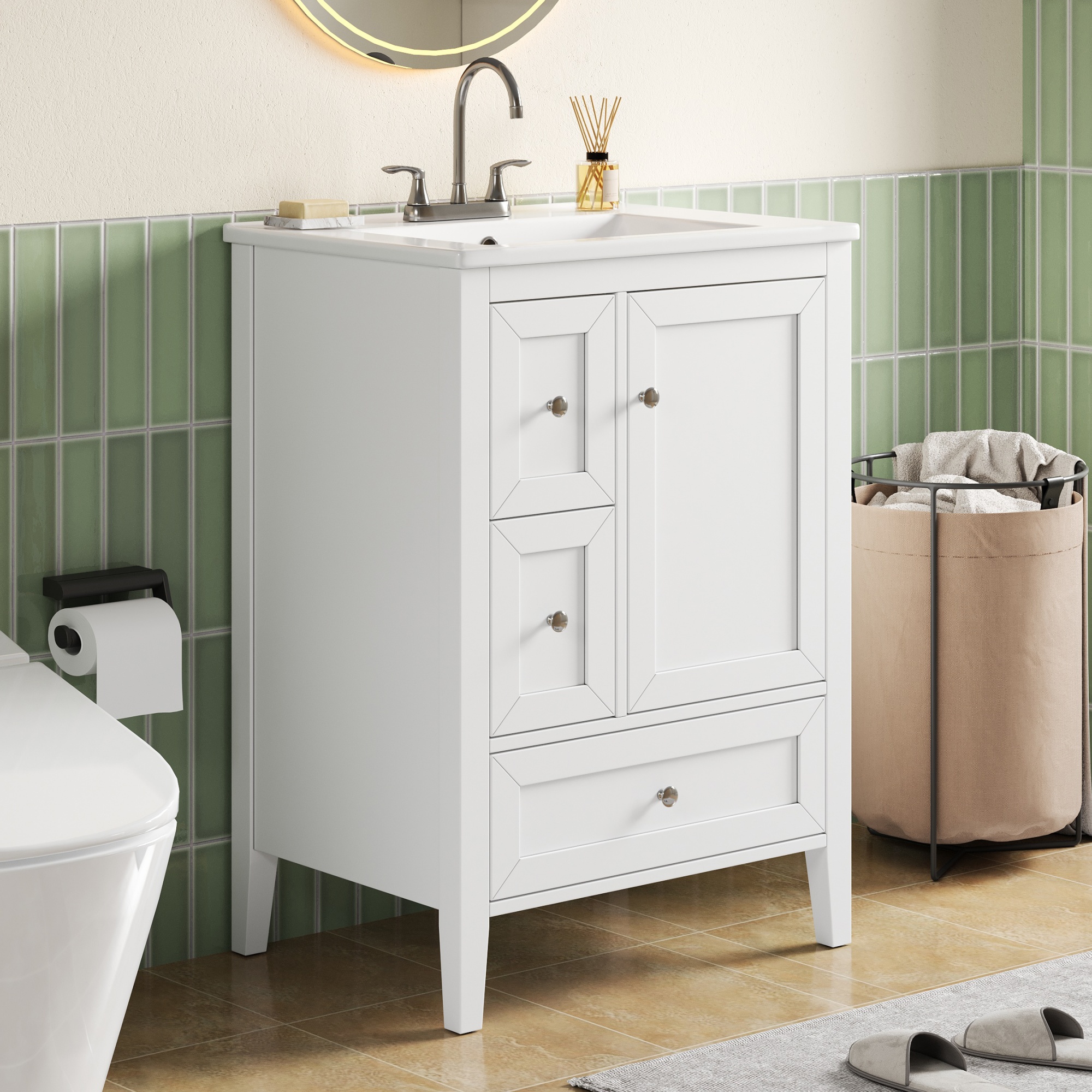 Video Vanité salle bain 24po blanc, lavabo céramique, bois massif