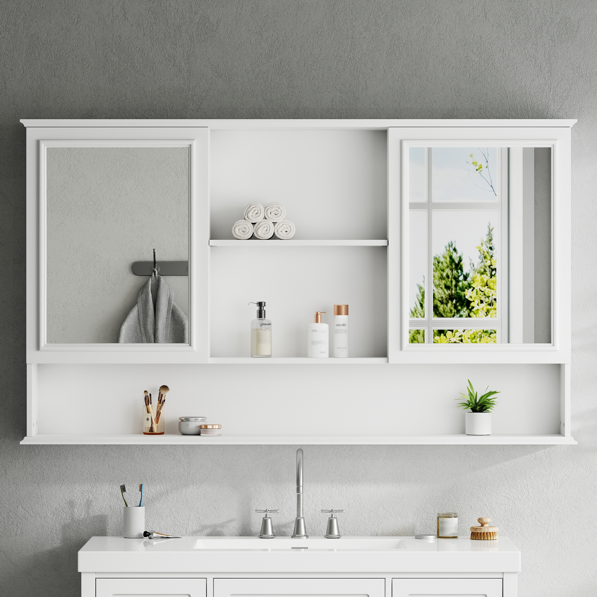 Armoire pharmacie miroir 60po, portes doubles, tablettes, blanc